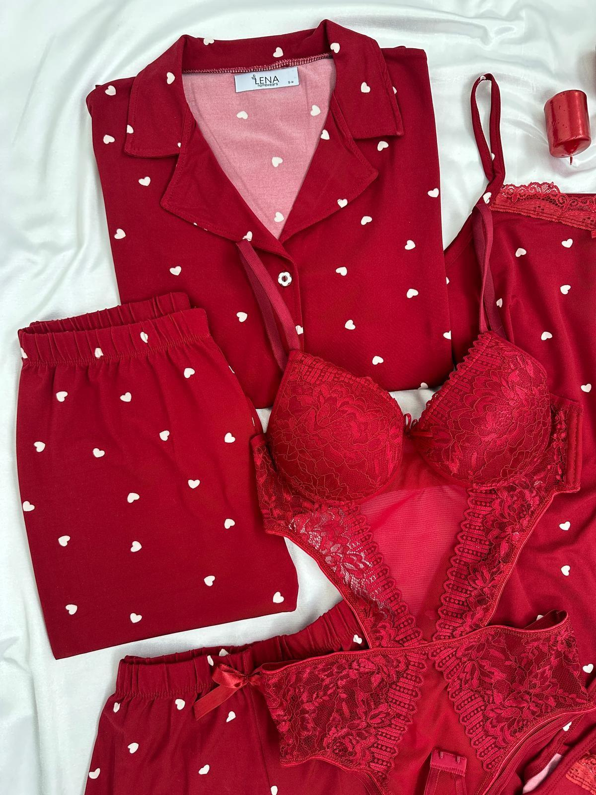 Bordo Lüks 6'lı Yazlık Pijama Takım 