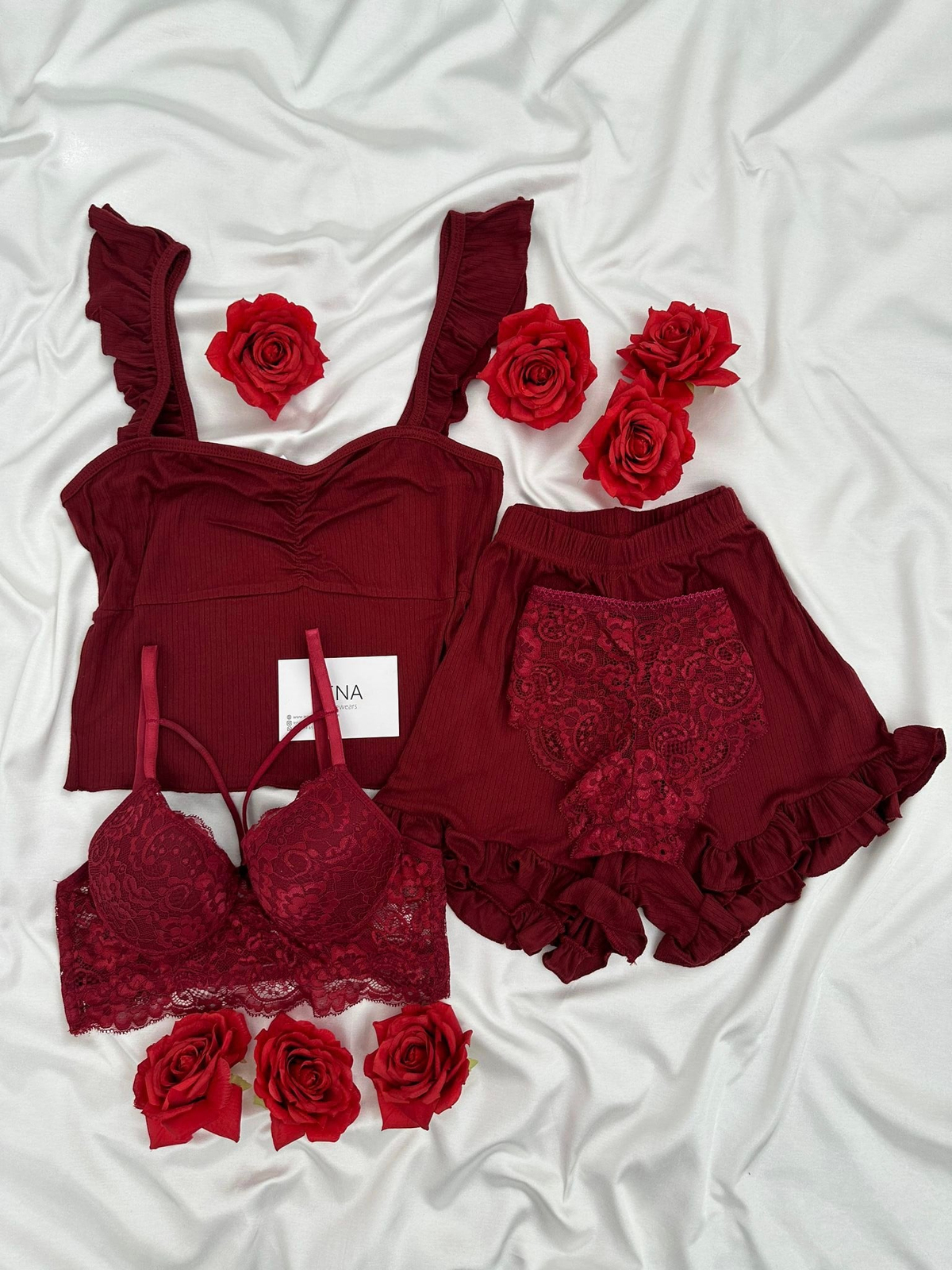 Bordo Milas Şortlu Pijama & Çamaşır Seti