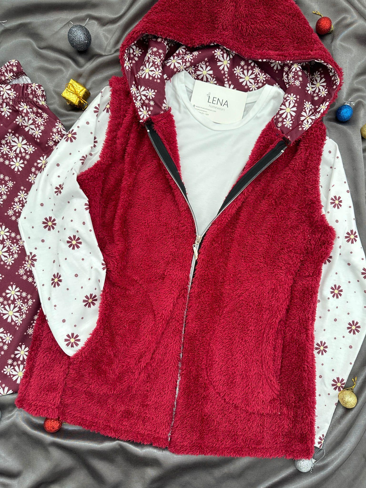 Bordo Peluş Yelekli 3'lü Takım