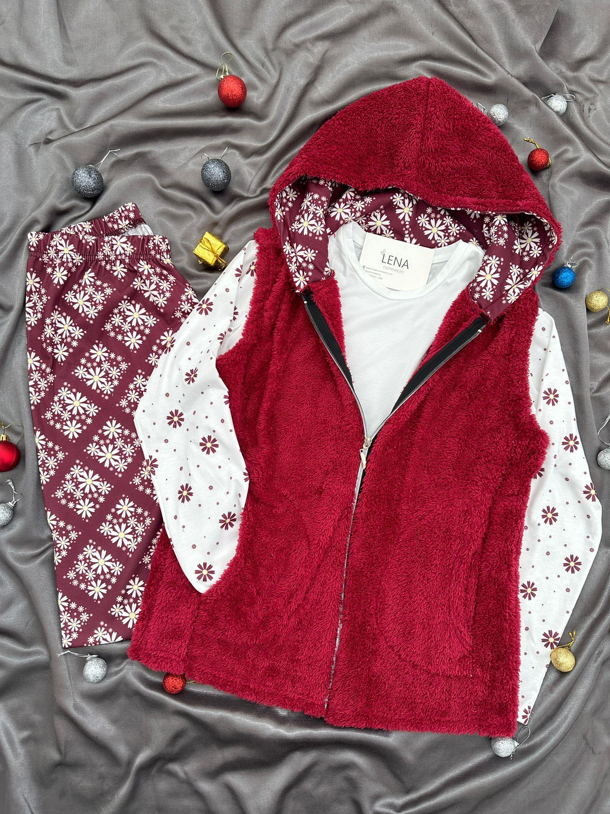 Bordo Peluş Yelekli 3'lü Takım