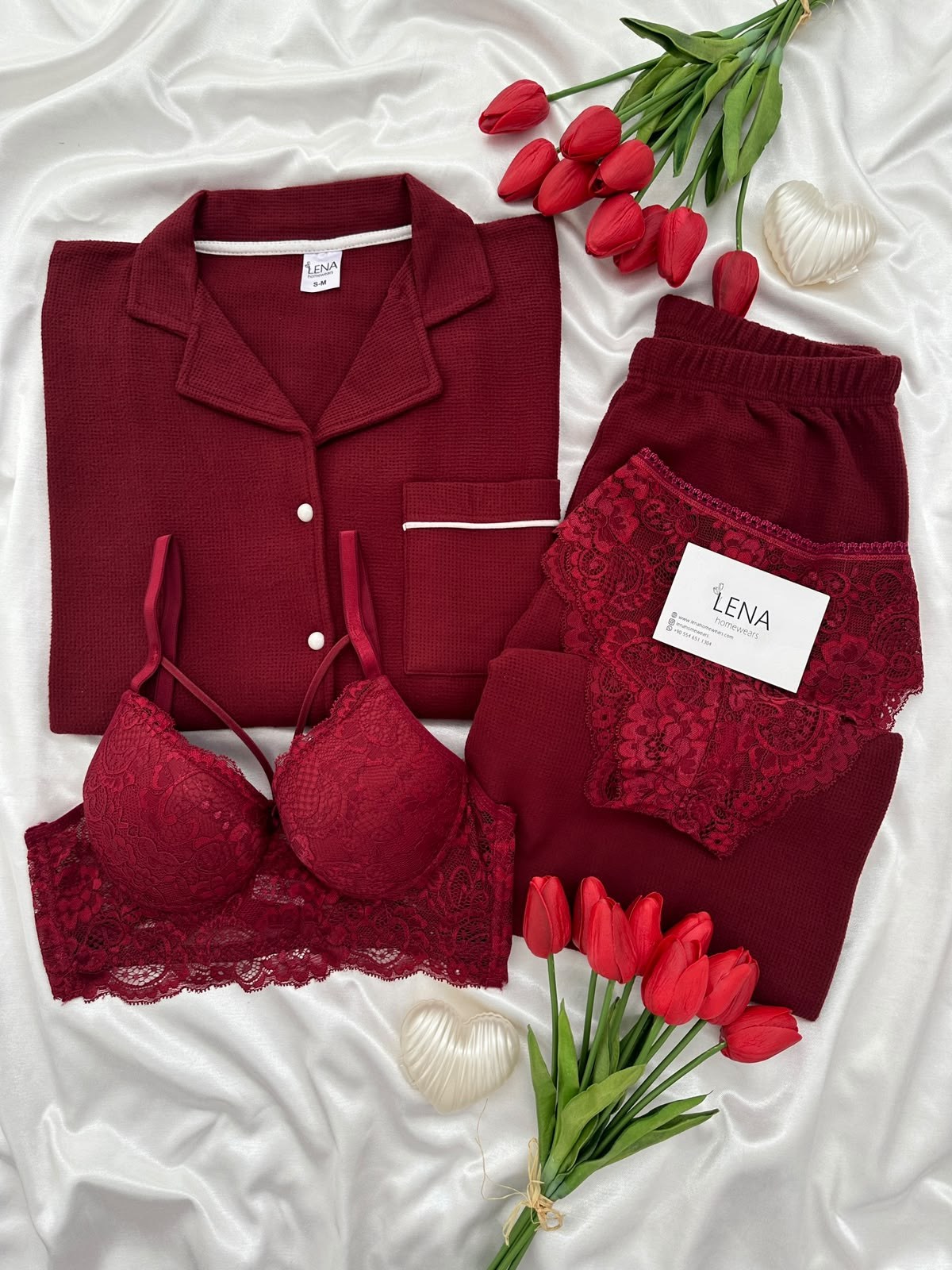 Bordo Sade 4'lü Waffle Pijama Takımı