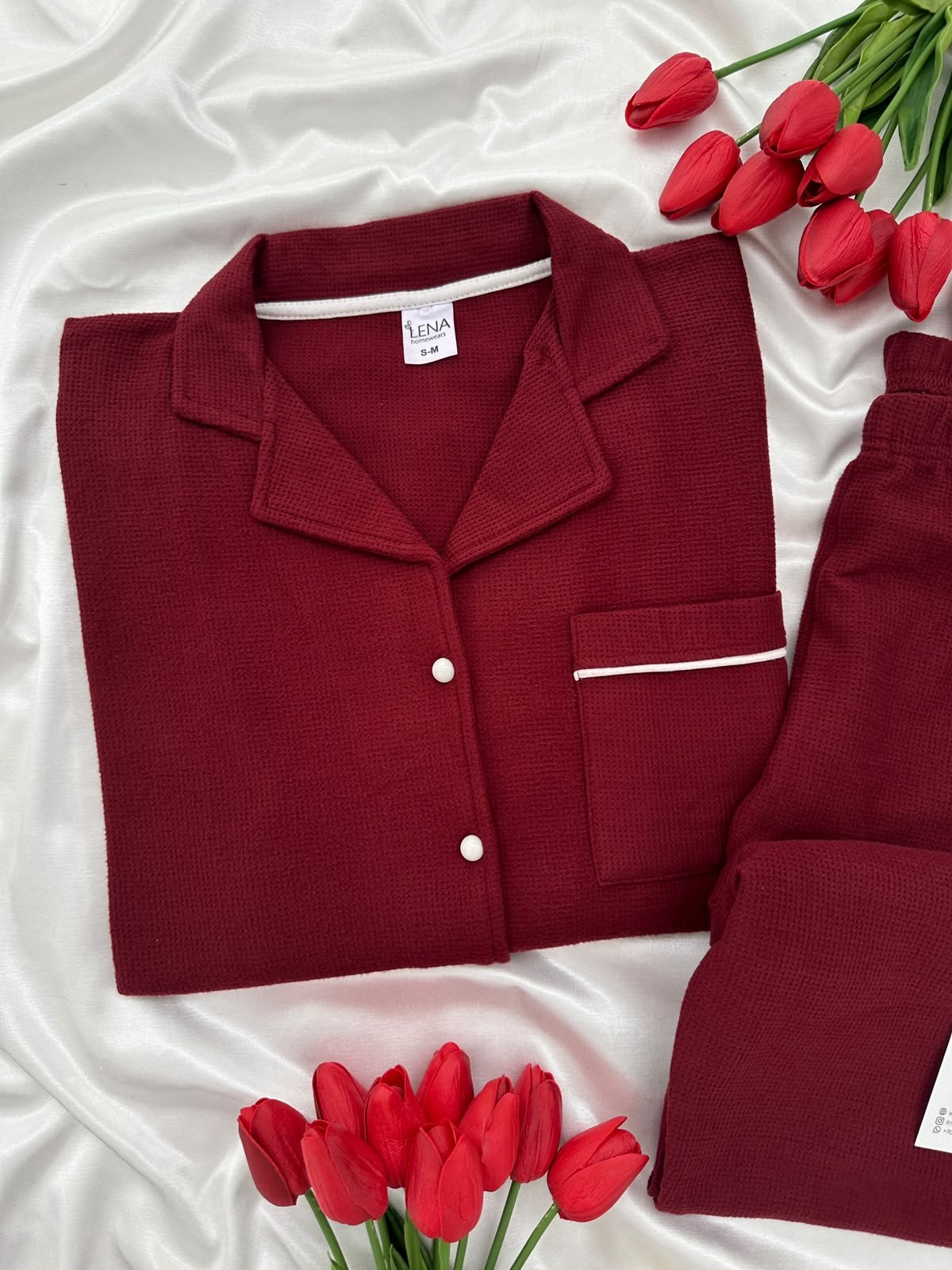 Bordo Sade Uzun Kollu Waffle Pijama Takımı