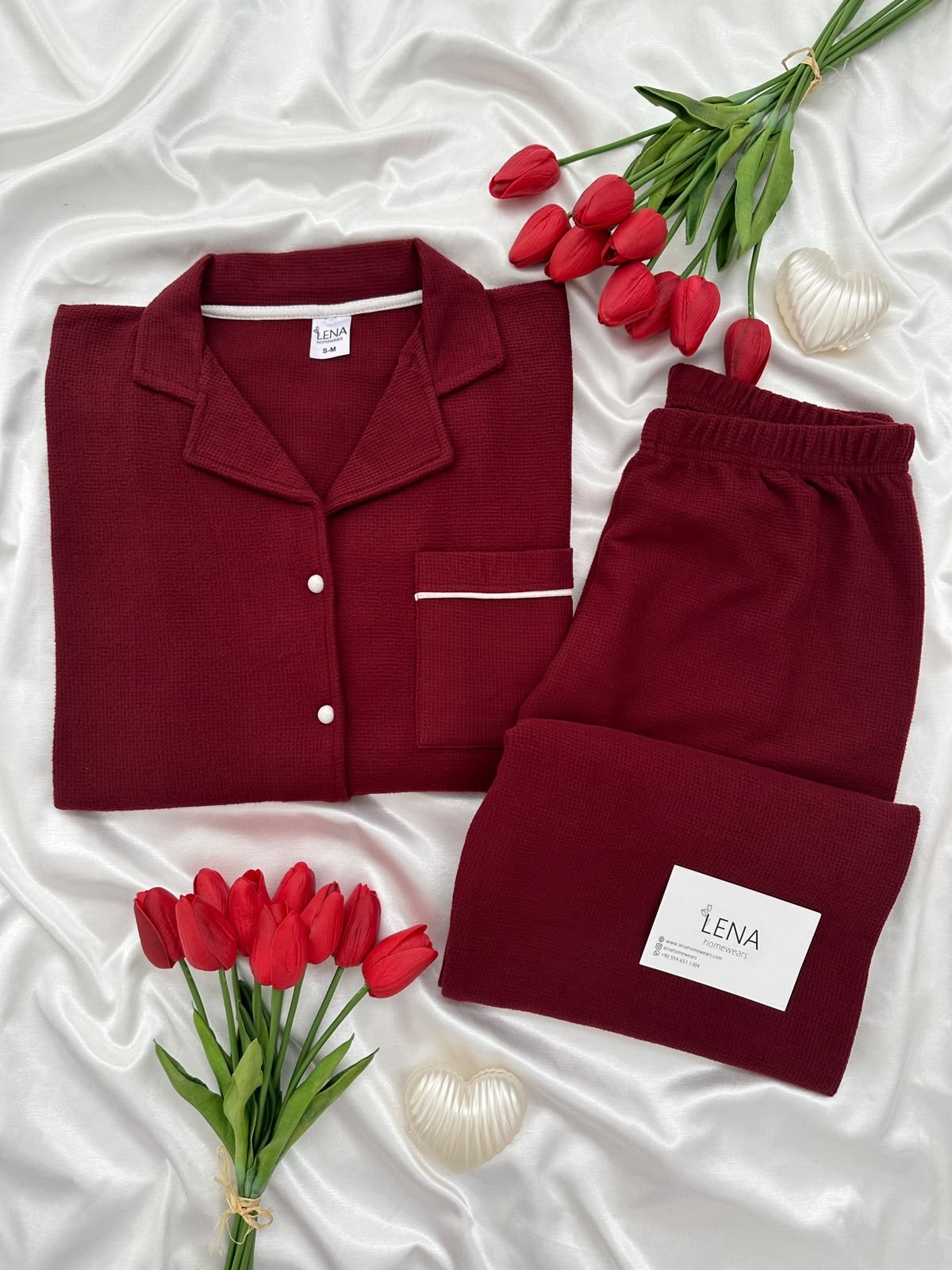 Bordo Sade Uzun Kollu Waffle Pijama Takımı
