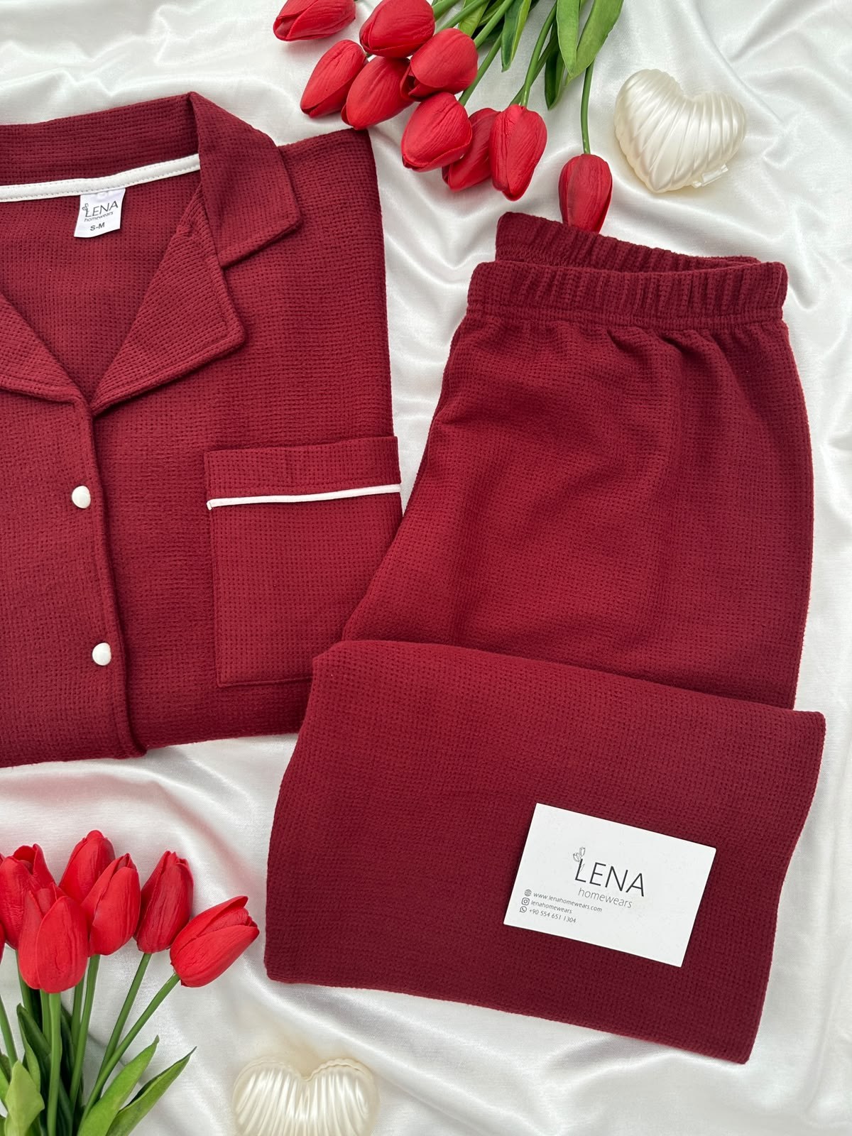 Bordo Sade Uzun Kollu Waffle Pijama Takımı