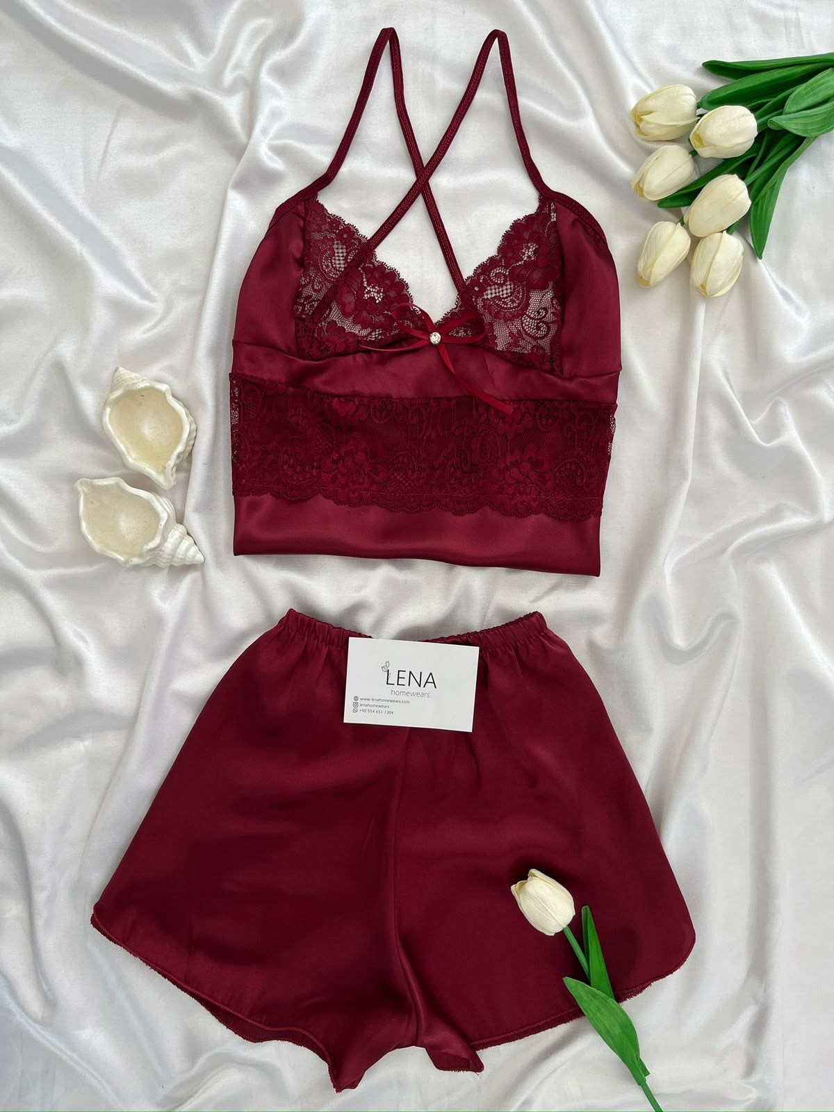 Bordo Saten Şortlu Takım