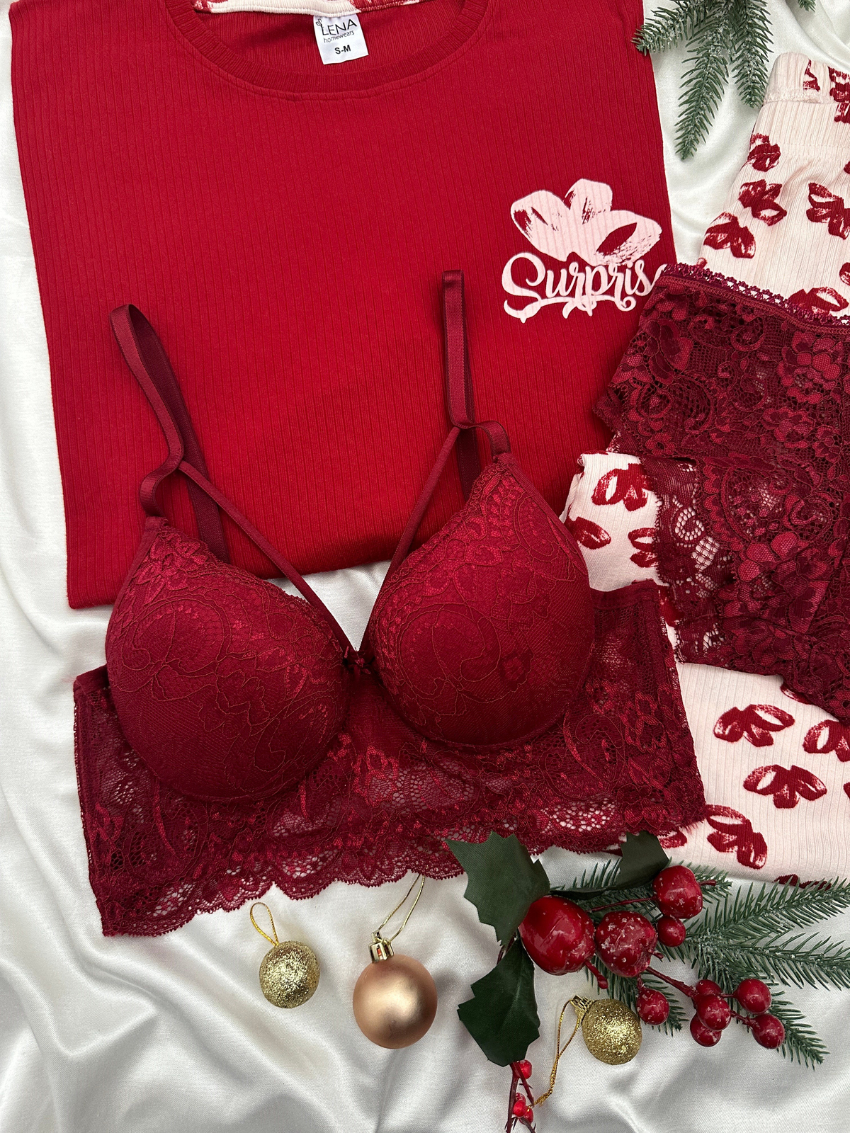 Bordo Surprise Kurdele Desenli 4'lü Berlin Pijama Takımı
