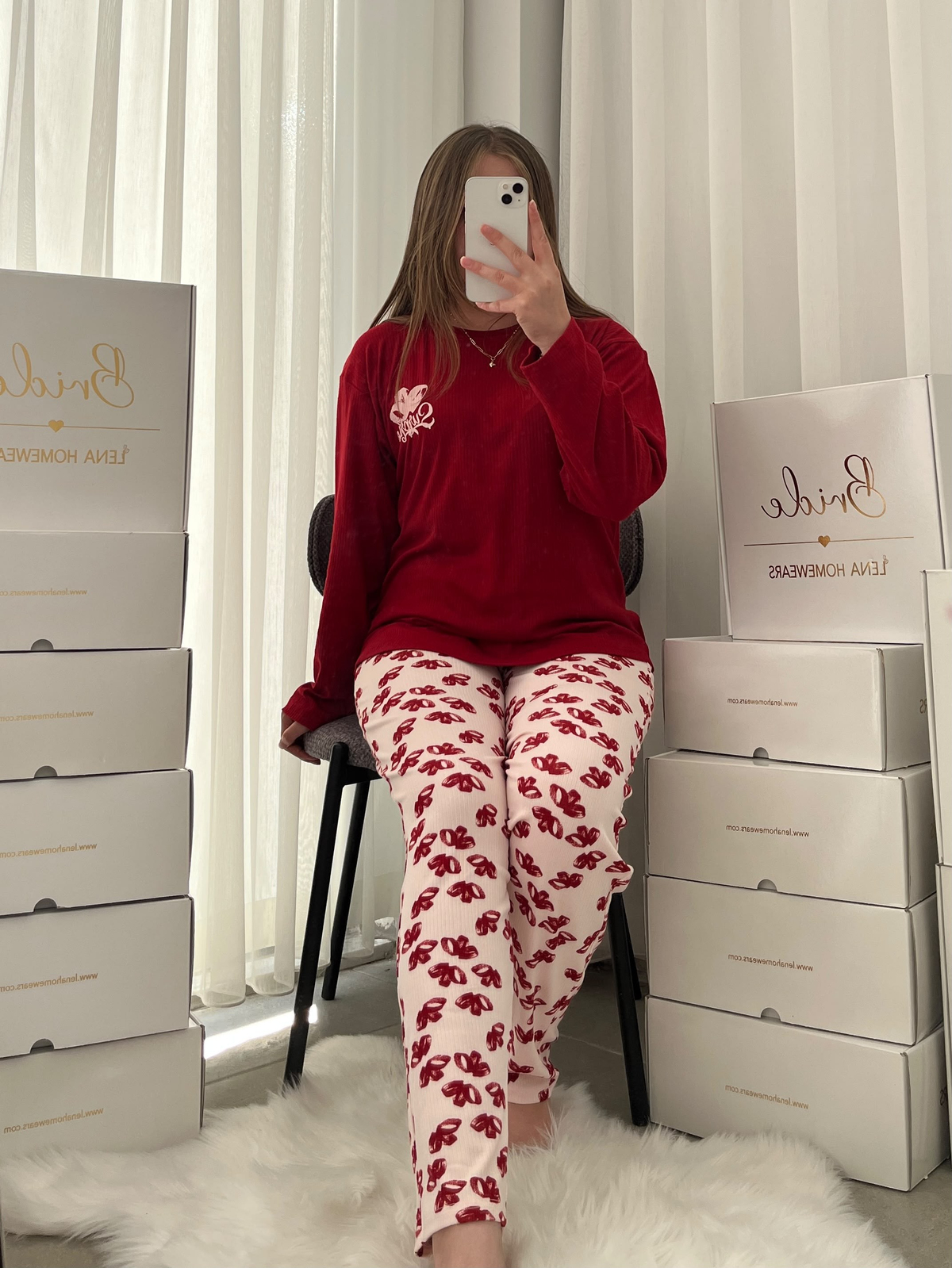 Bordo Surprise Kurdele Desenli Berlin Pijama Takımı