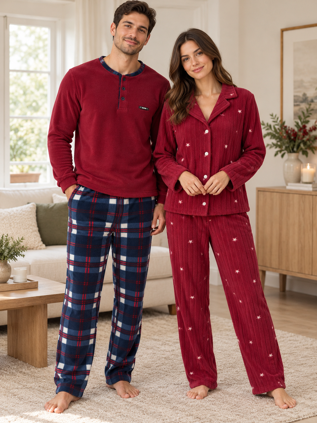 Bordo Yıldız & Lacivert Ekose Sevgili Çift Uzun Kollu Pijama Takımı (2'Lİ SET)