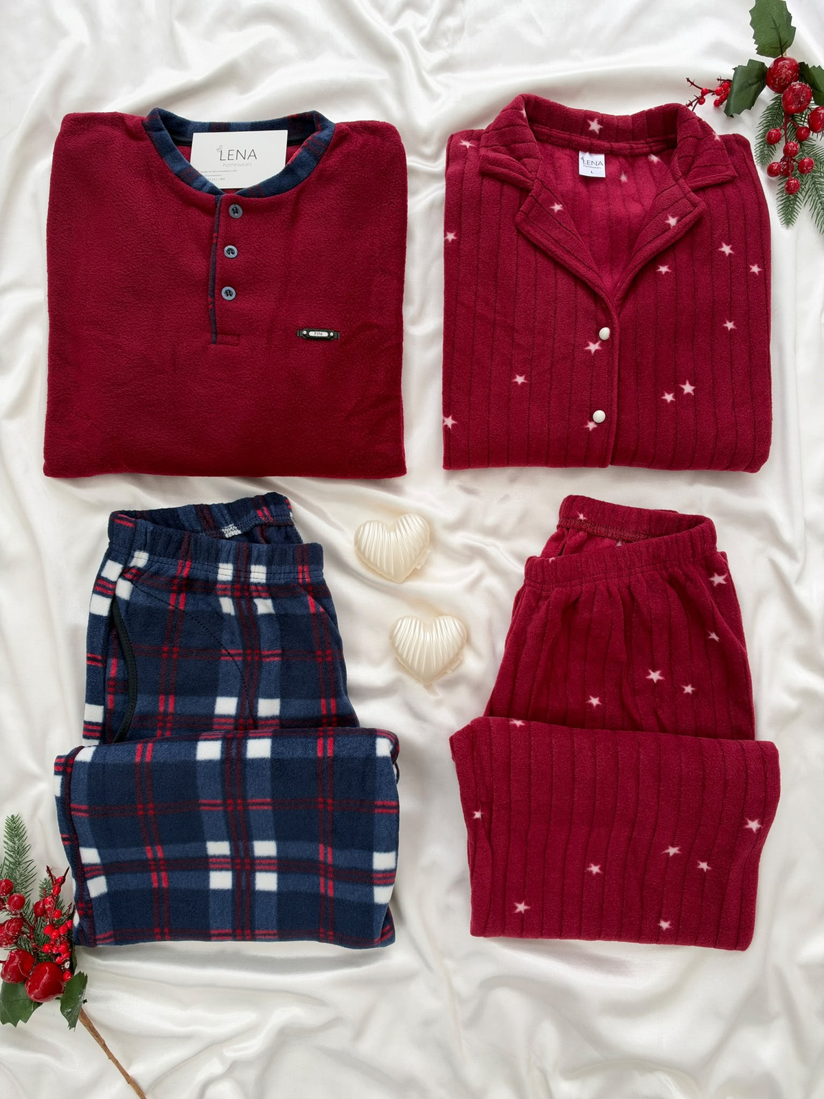 Bordo Yıldız & Lacivert Ekose Sevgili Çift Uzun Kollu Pijama Takımı (2'Lİ SET)