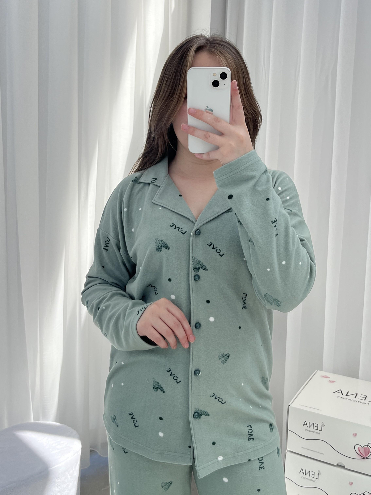 Çağla Love Desenli Düğmeli Termosoft Pijama Takımı