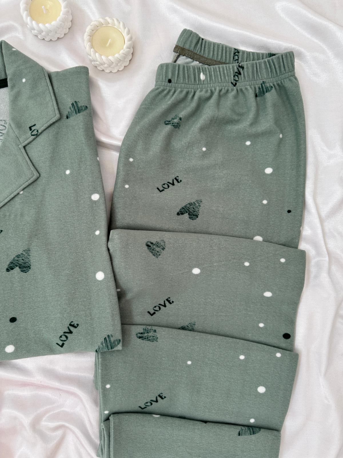 Çağla Love Desenli Düğmeli Termosoft Pijama Takımı