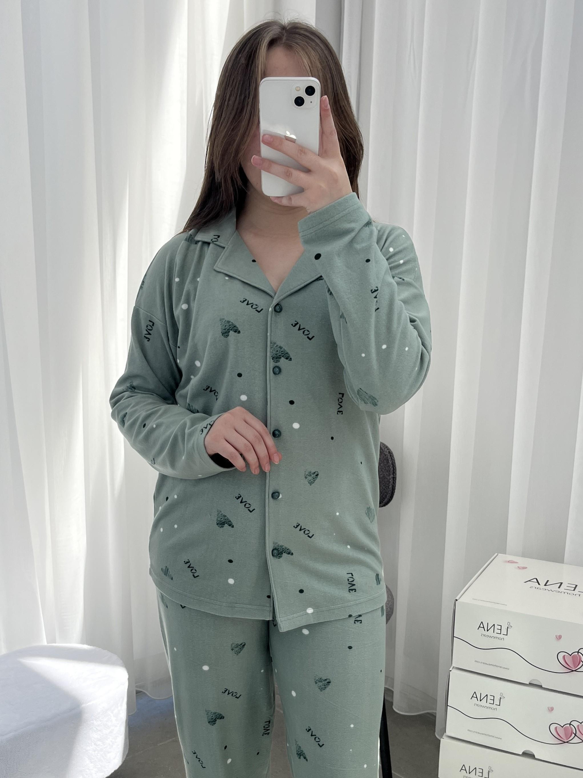 Çağla Love Desenli Düğmeli Termosoft Pijama Takımı
