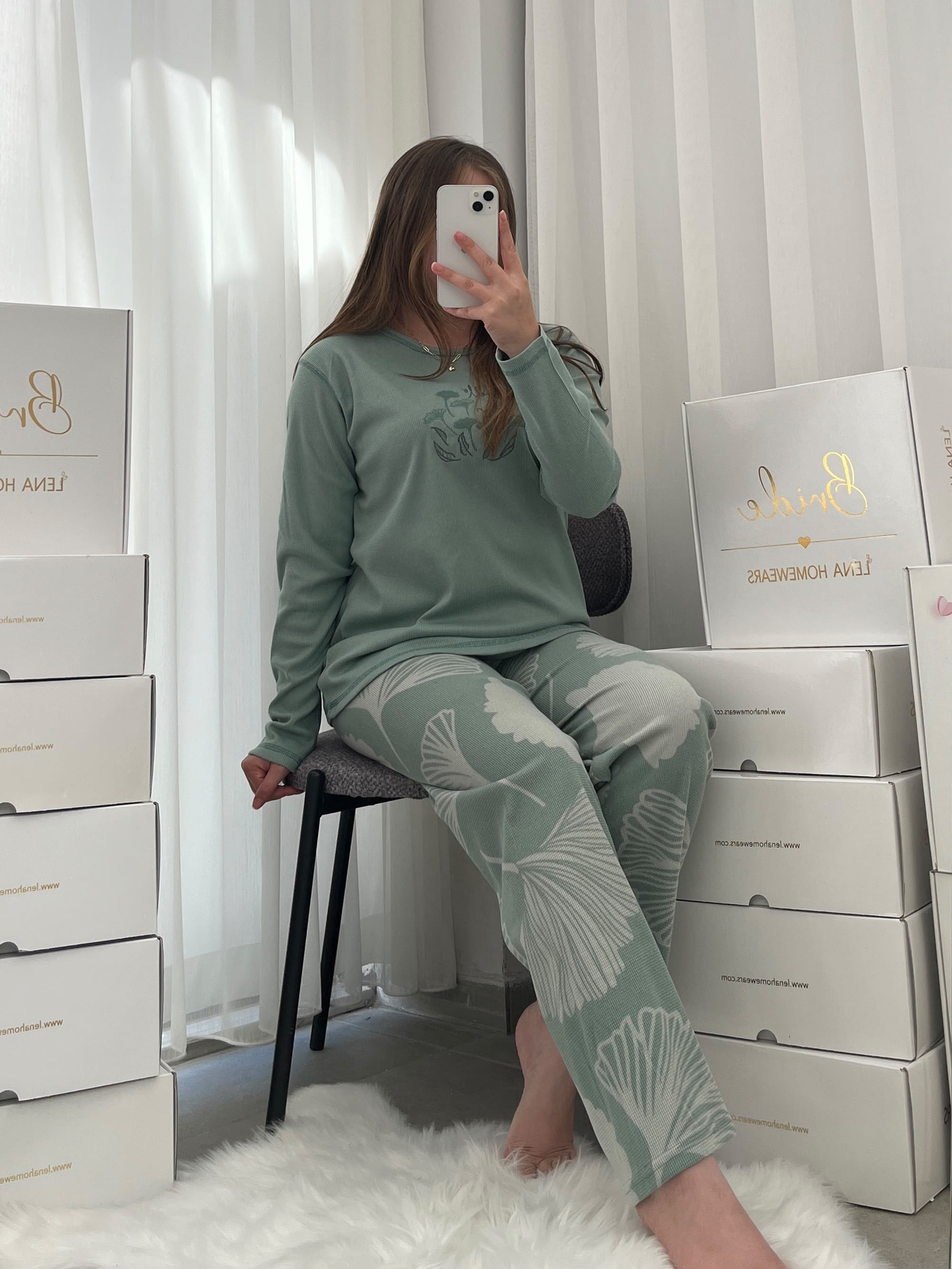 Çağla Yaprak Desenli 4'lü Waffle Pijama Takımı