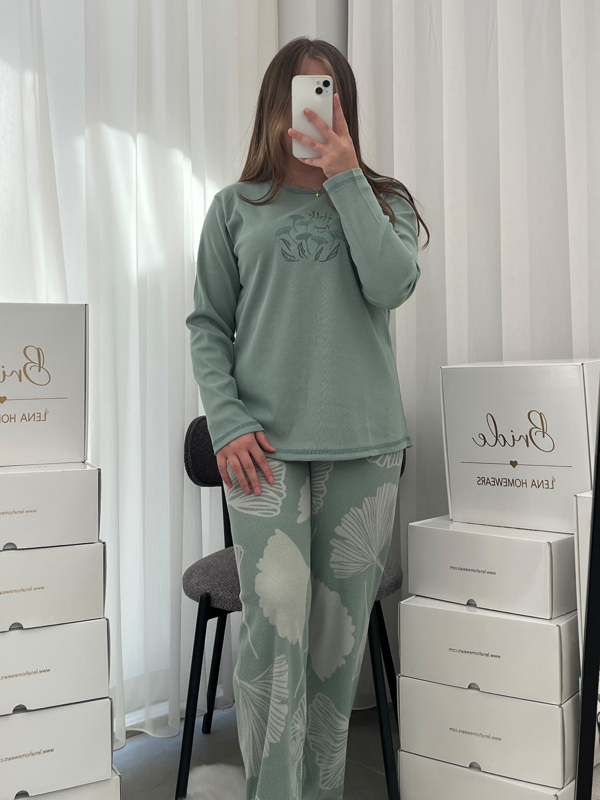 Çağla Yaprak Desenli 4'lü Waffle Pijama Takımı