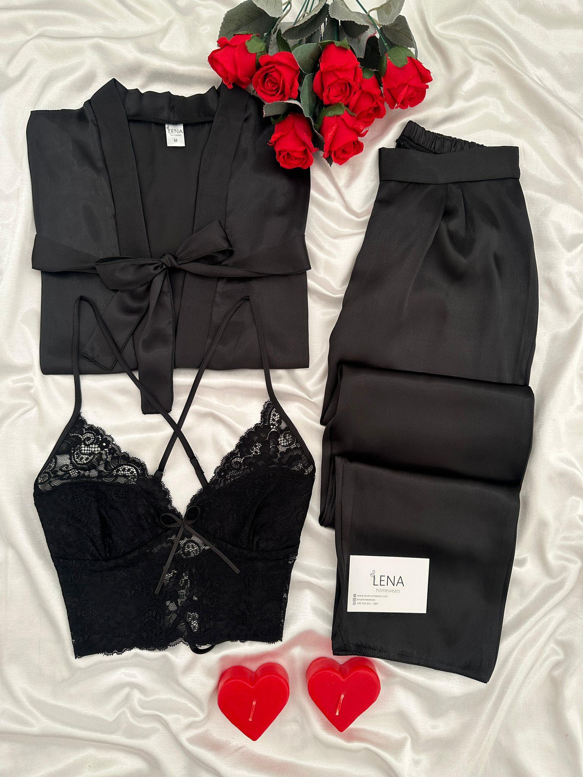 Dimitre 3'lü Lüks Saten Siyah Takım