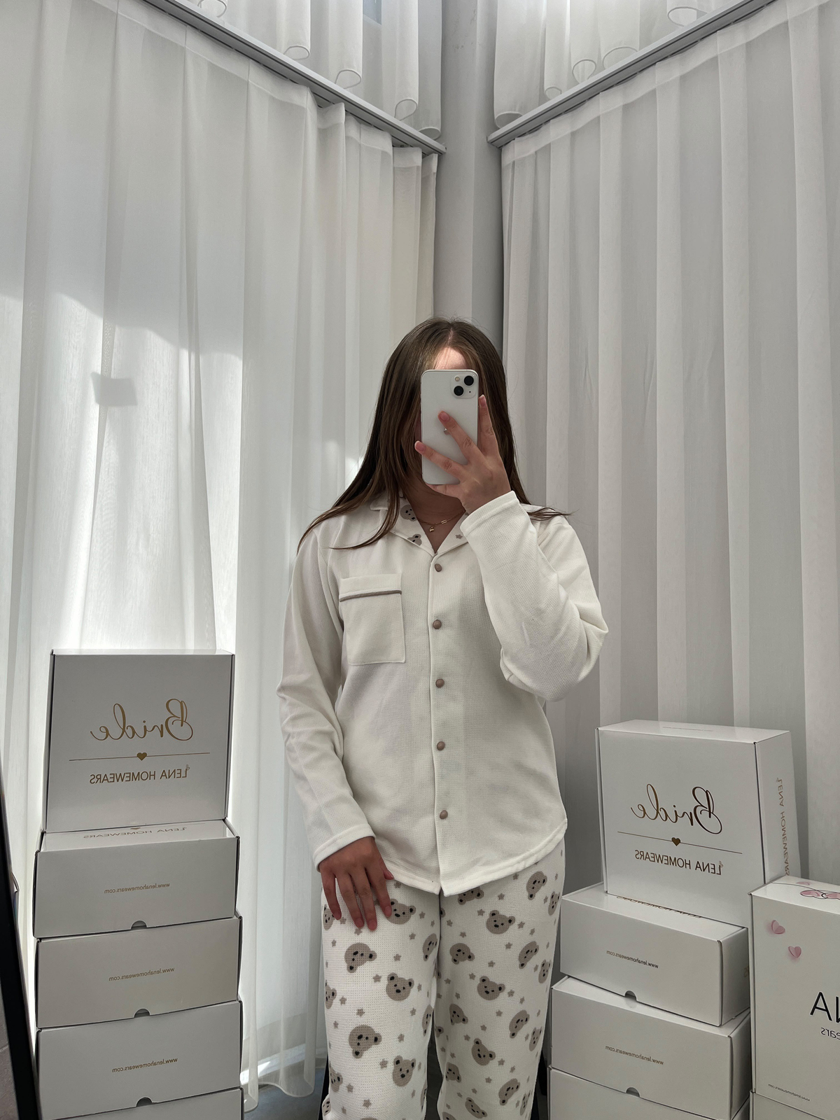Ekru Ayıcık Desenli 4'lü Düğmeli Waffle Pijama Takımı
