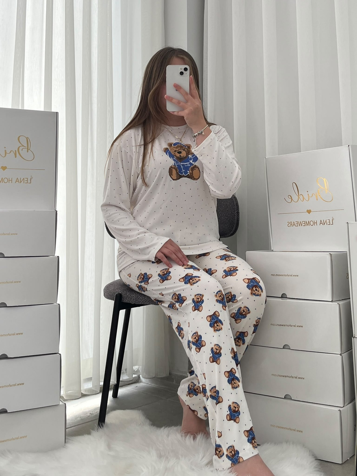 Ekru Ayıcık Desenli Dörtlü Pijama Seti