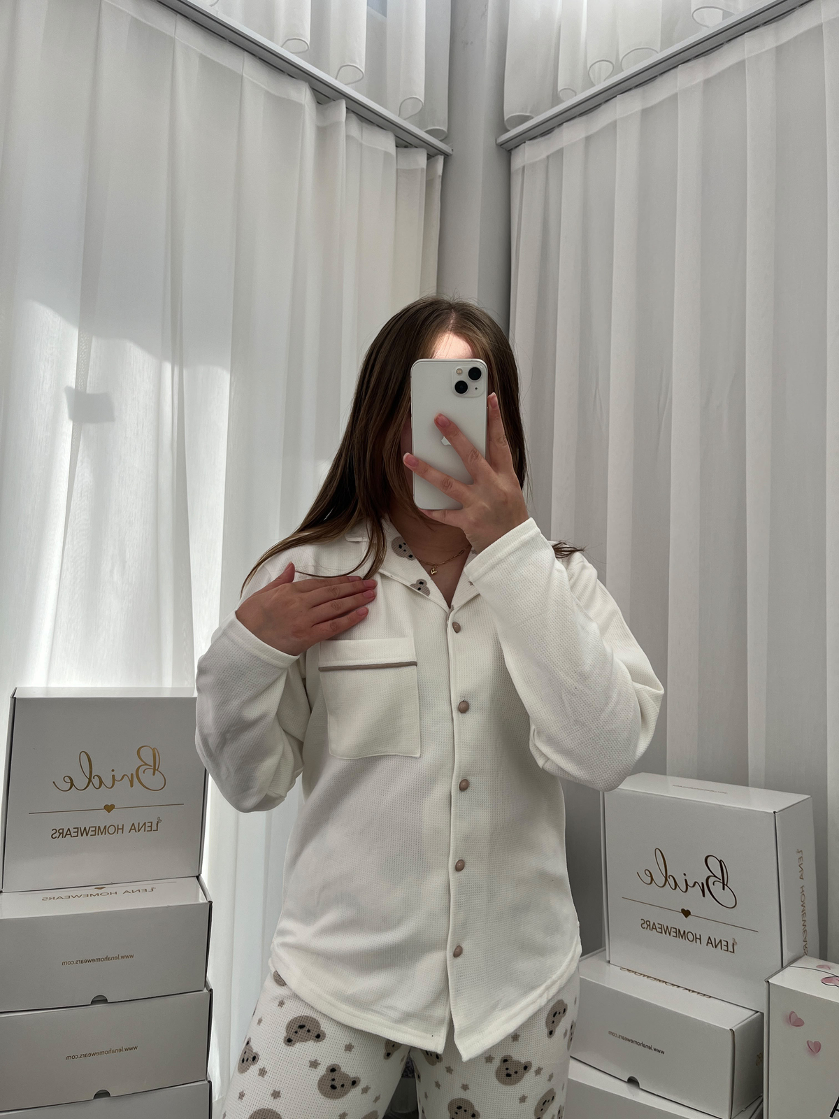 Ekru Ayıcık Desenli Düğmeli Waffle Pijama Takımı