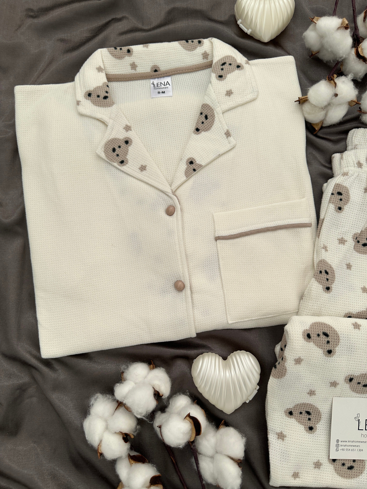Ekru Ayıcık Desenli Düğmeli Waffle Pijama Takımı