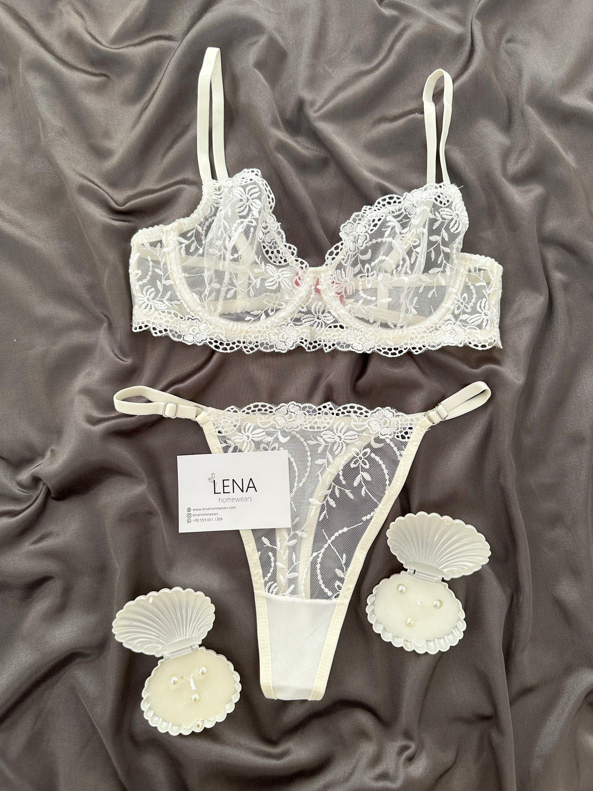 Ekru Çiçek Desenli Bralet Takımı