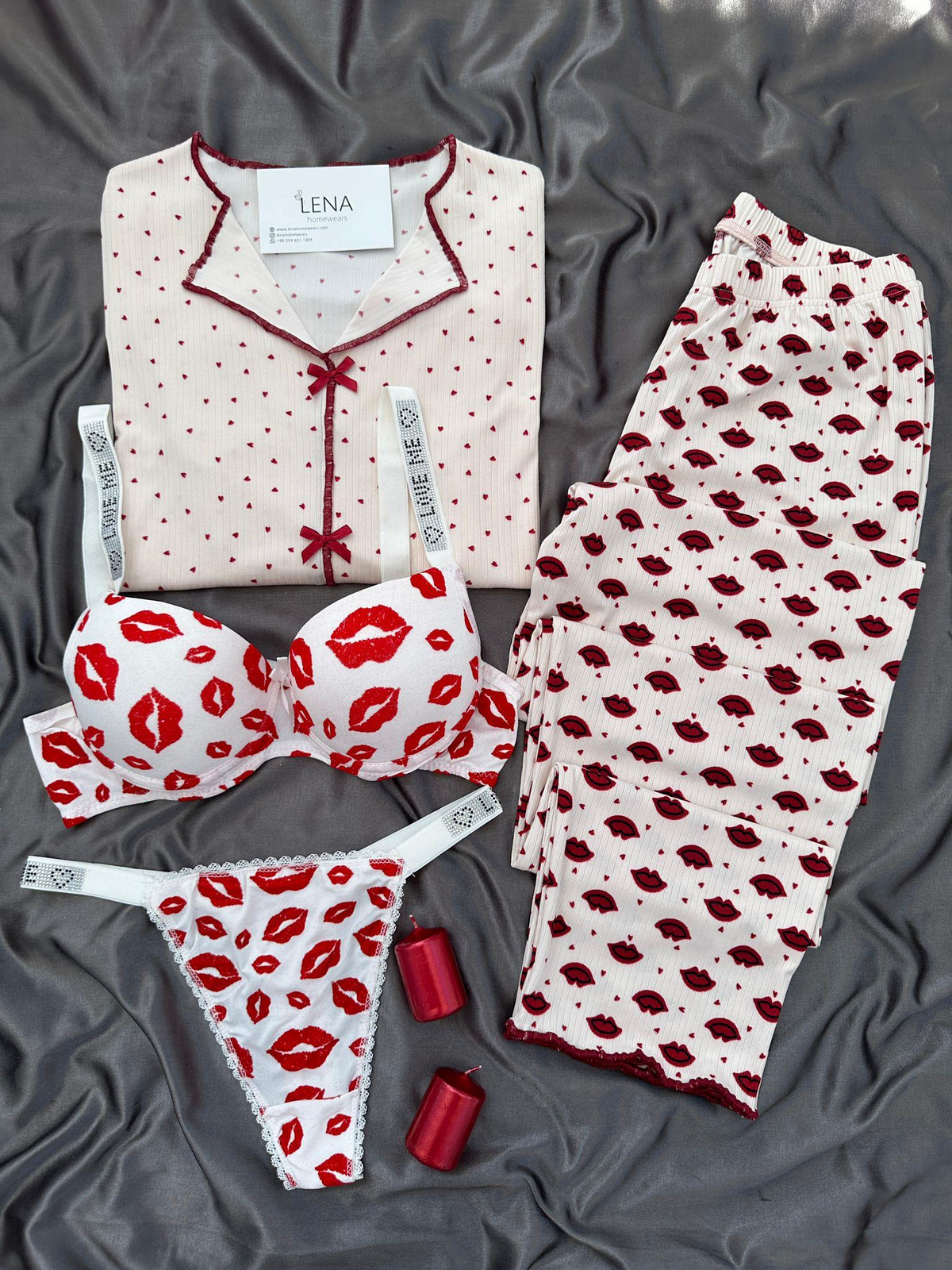 Ekru Dudak Desenli Dörtlü Pijama Seti