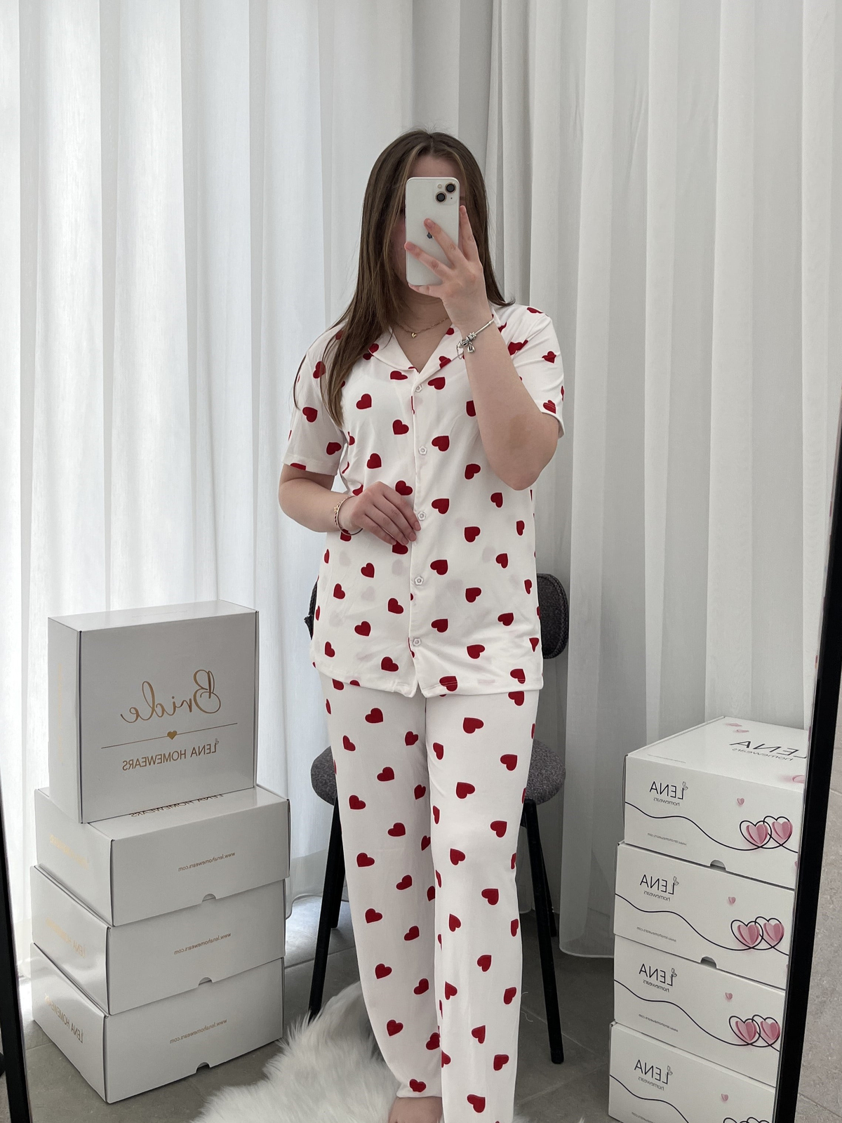 Ekru Kalp Desenli Kısa Kollu Milan Pijama Takımı