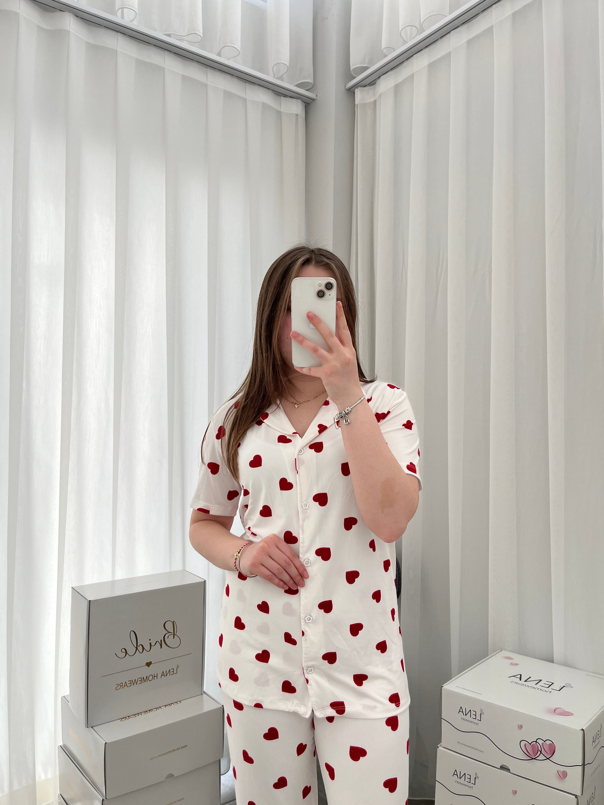 Ekru Kalp Desenli Kısa Kollu Milan Pijama Takımı