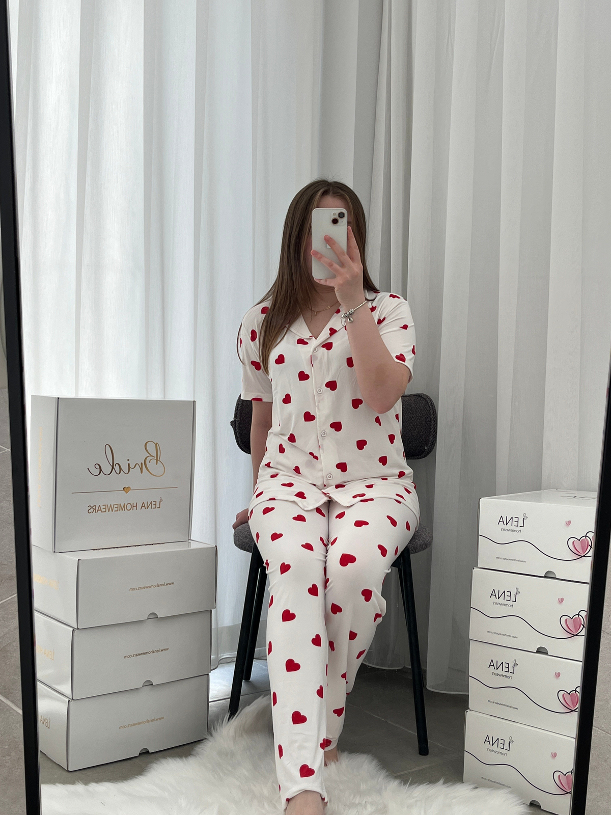 Ekru Kalp Desenli Kısa Kollu Milan Pijama Takımı