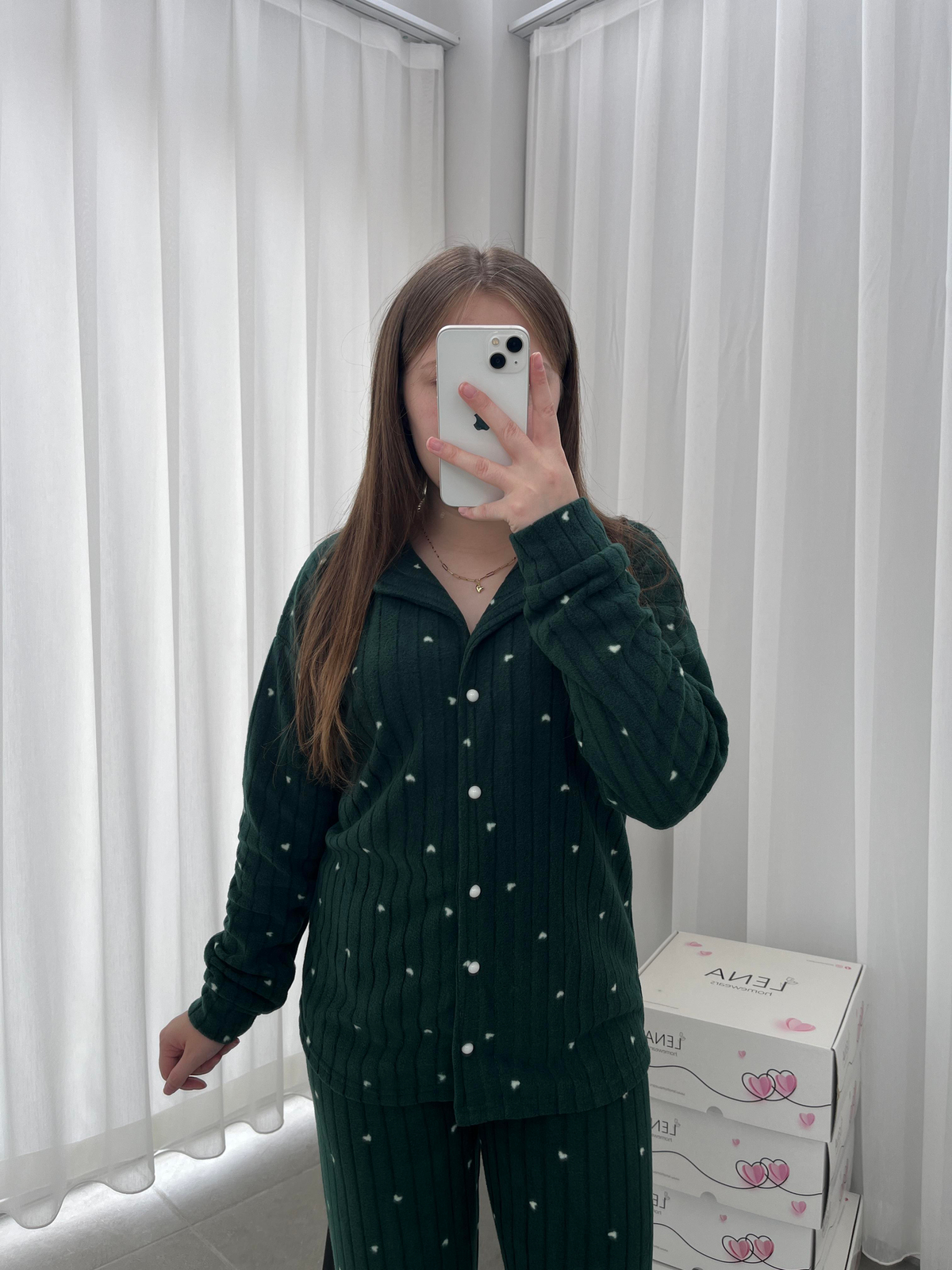 Ekru Kalp Desenli Uzun Kollu Peluş Pijama Takımı