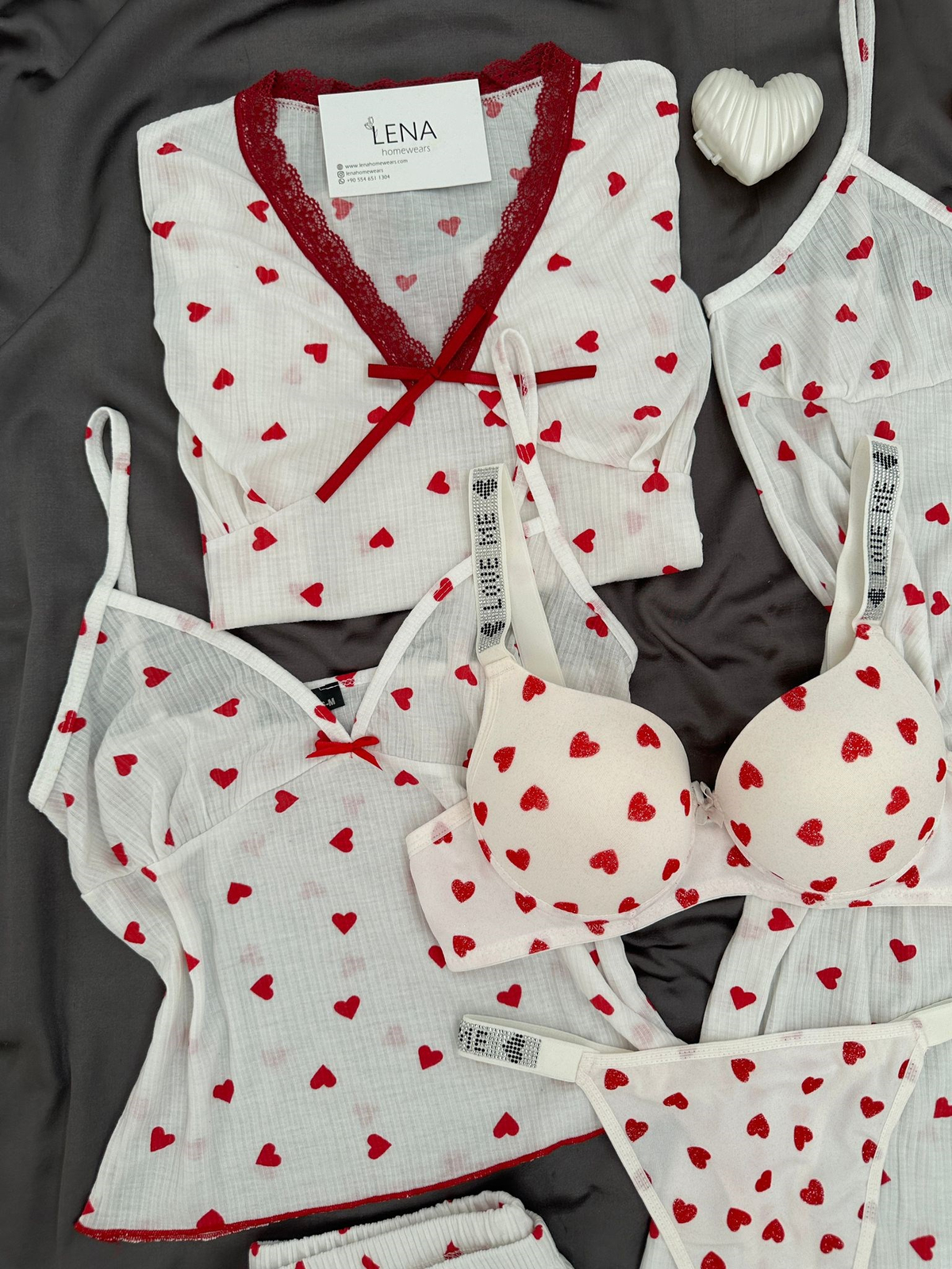 Ekru Kalp Raporlu 7'lı Pijama & Çamaşır Seti