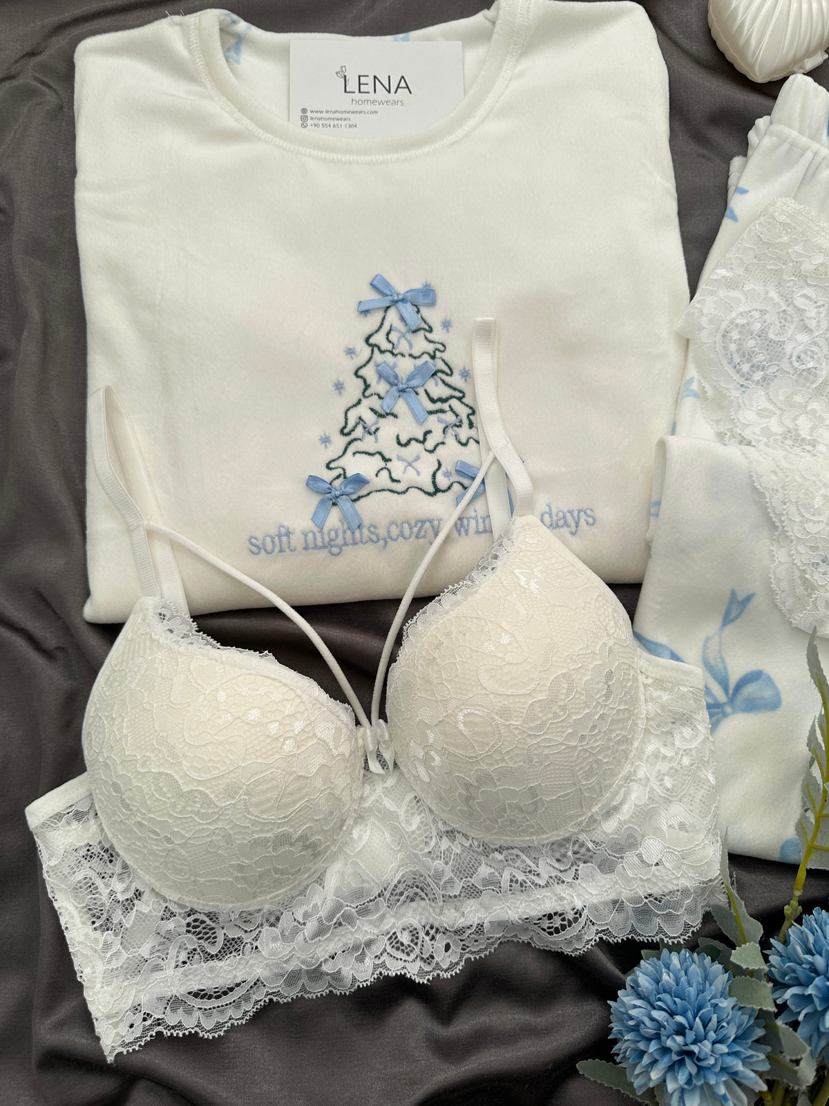 Ekru Kurdele Desenli 4'lü Fransız Kadife Pijama Takımı
