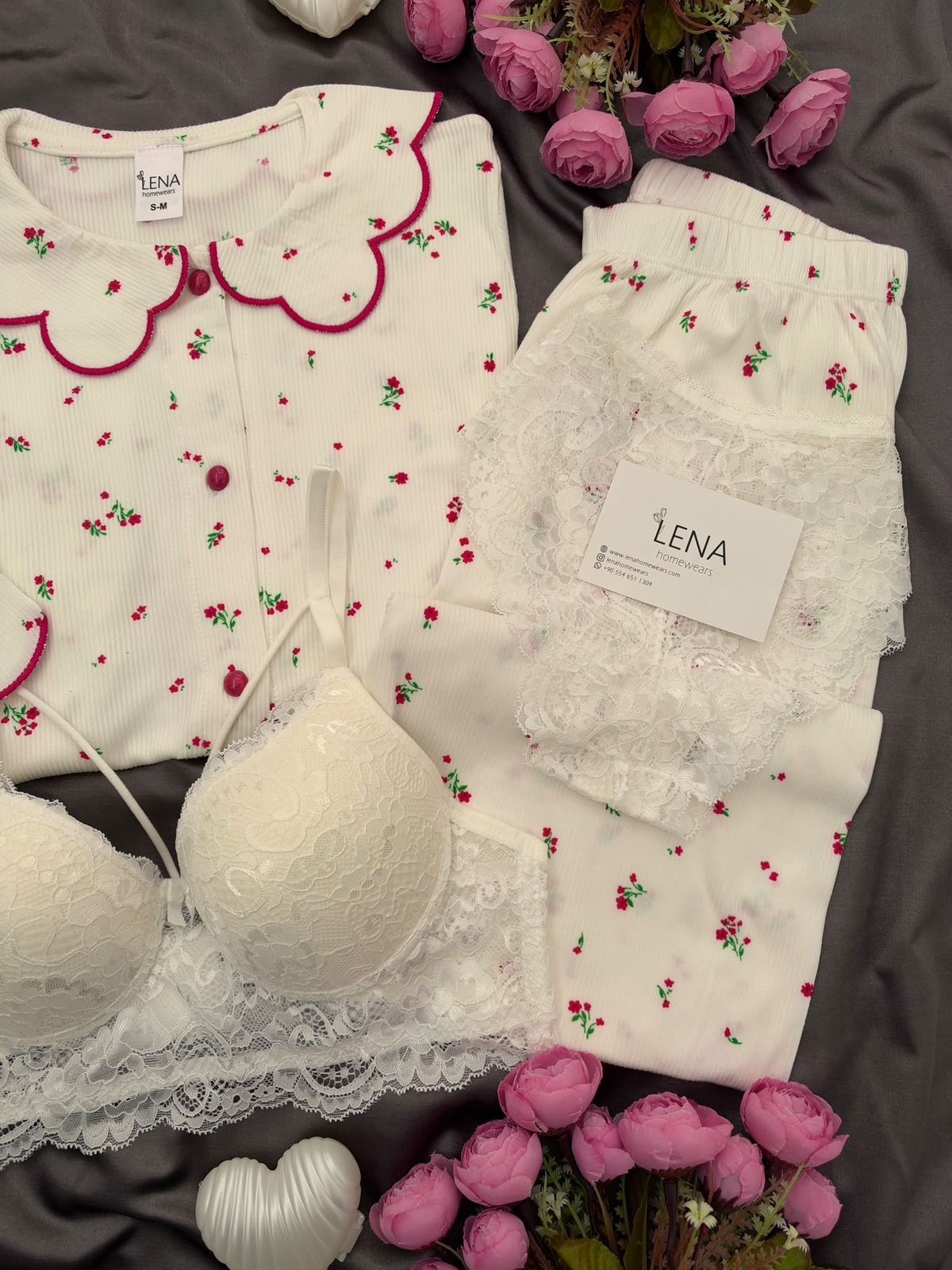 Ekru Nakış Uzun Kollu Berlin 4'lü Pijama Takımı