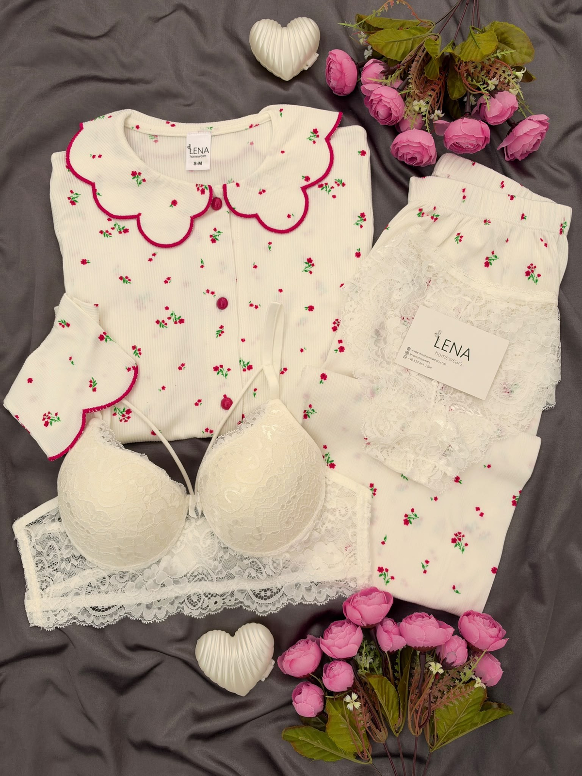 Ekru Nakış Uzun Kollu Berlin 4'lü Pijama Takımı