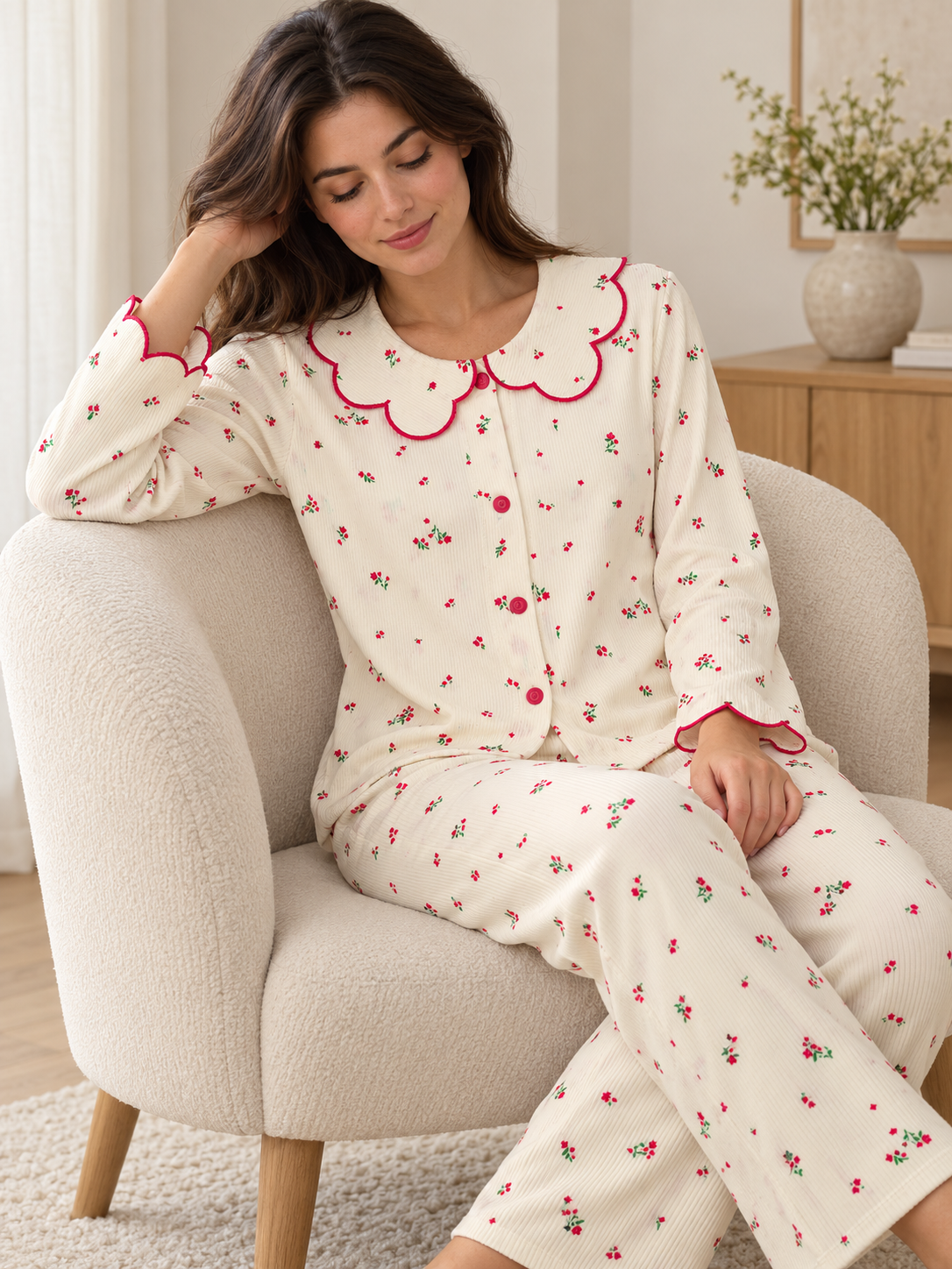Ekru Nakış Uzun Kollu Berlin Pijama Takımı