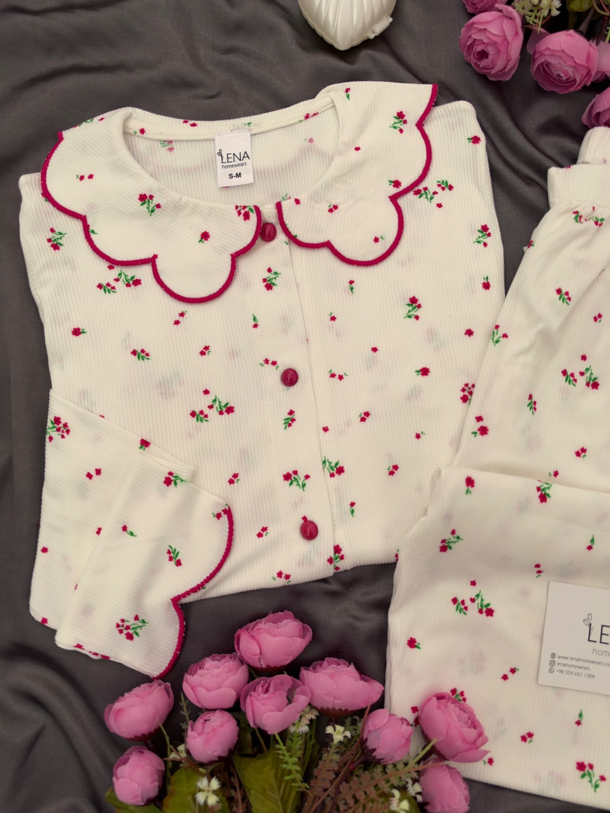 Ekru Nakış Uzun Kollu Berlin Pijama Takımı