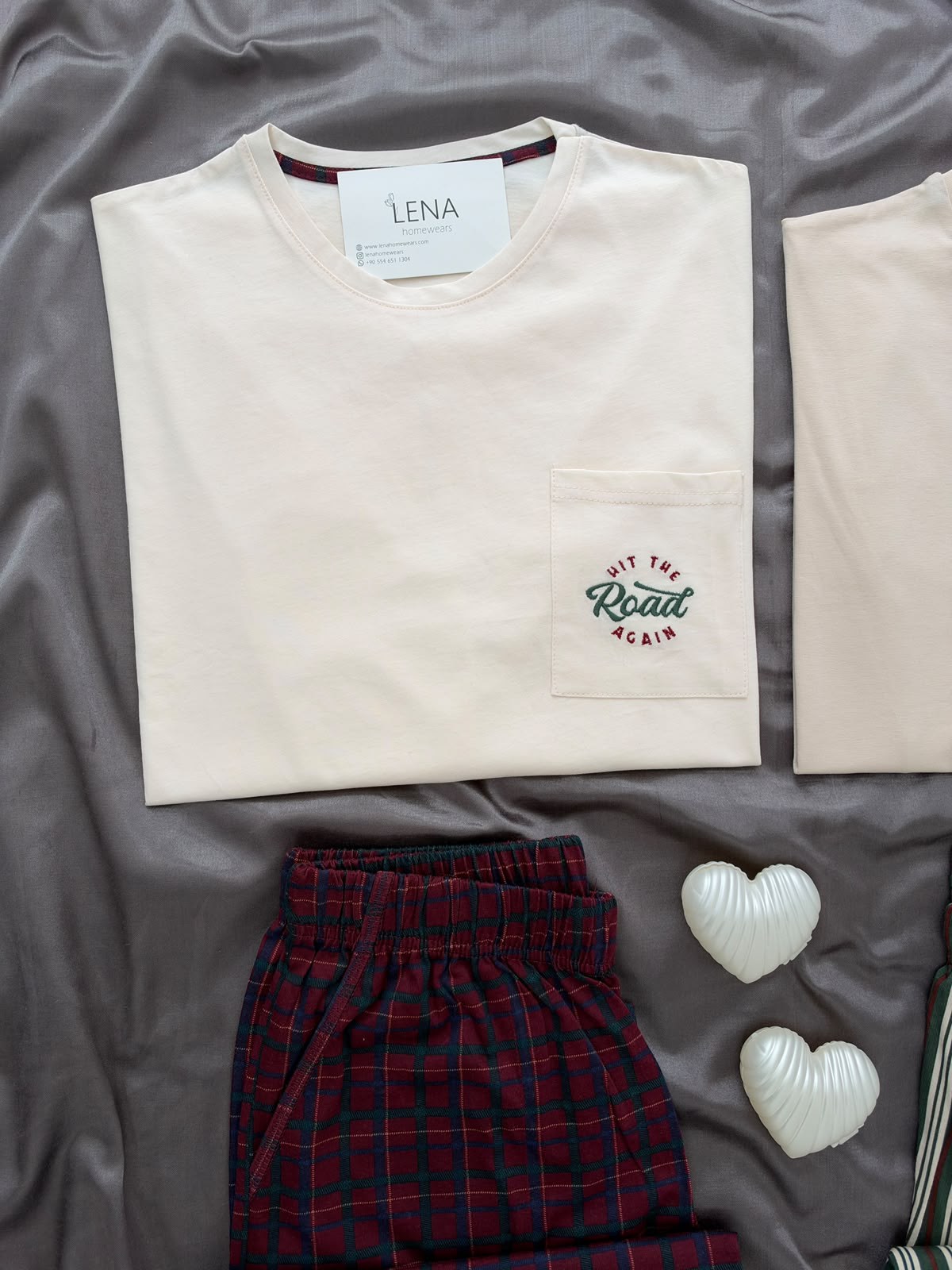 Ekru Ördek & Çizgi ve Ekose Desenli Sevgili Çift Uzun Kollu Pijama Takımı (2'Lİ SET)