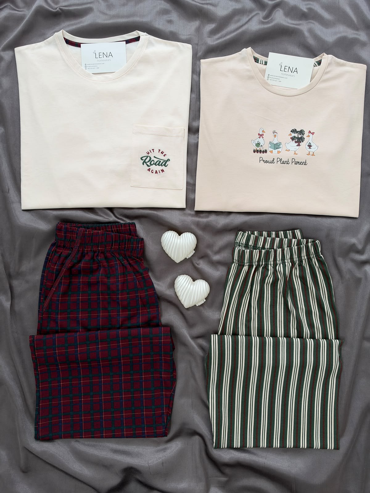 Ekru Ördek & Çizgi ve Ekose Desenli Sevgili Çift Uzun Kollu Pijama Takımı (2'Lİ SET)