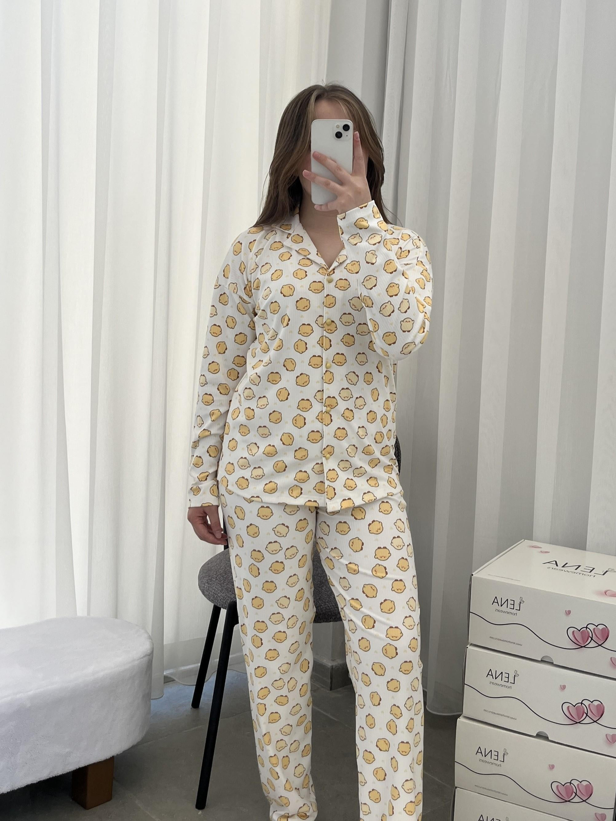 Ekru Sarı Civciv Desenli Uzun Kollu Pijama Takımı