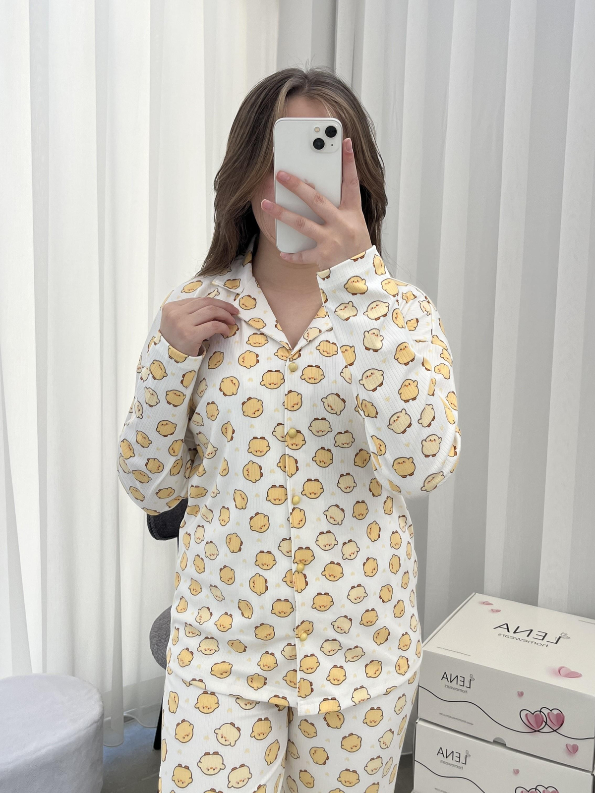 Ekru Sarı Civciv Desenli Uzun Kollu Pijama Takımı