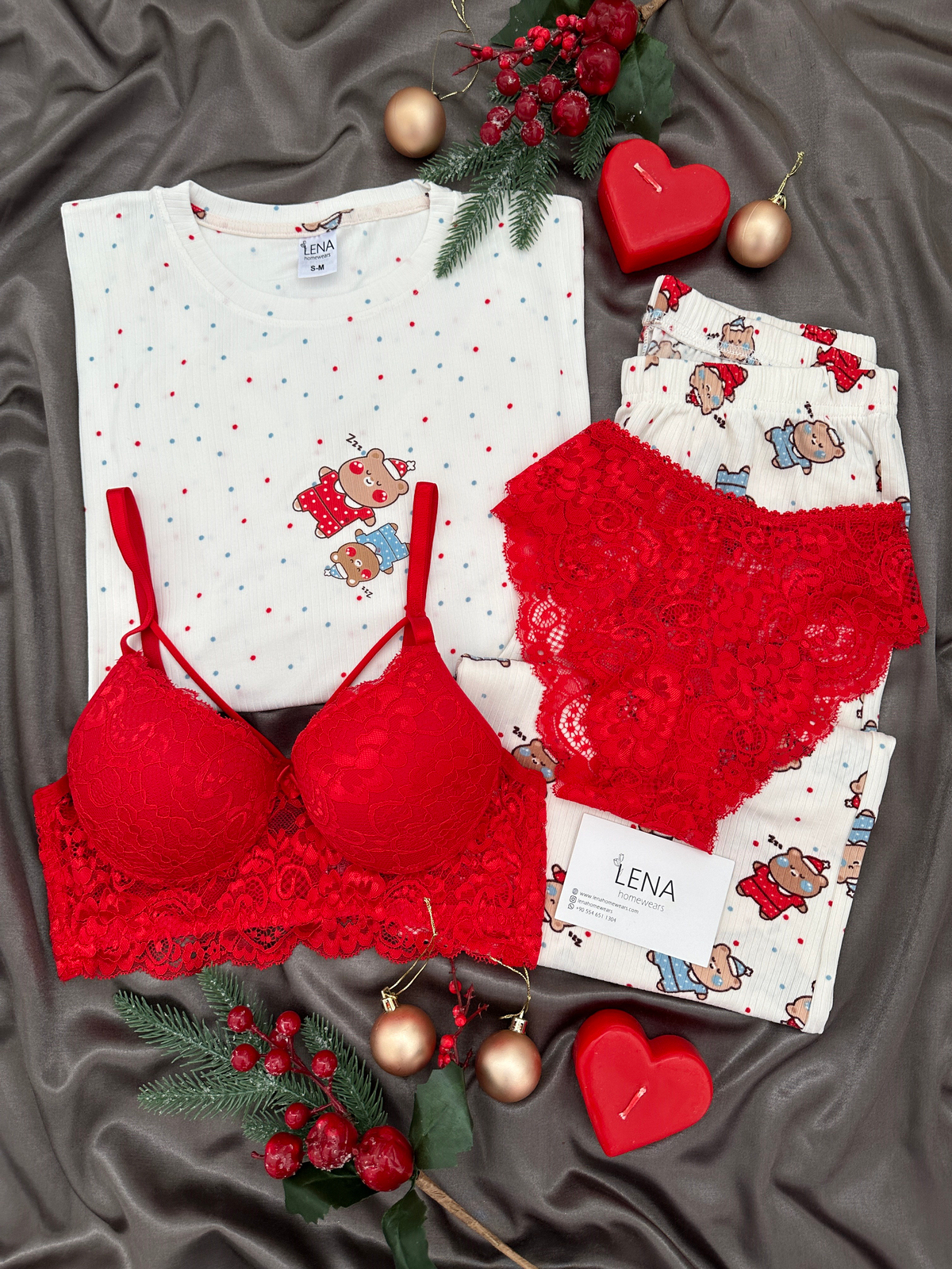 Ekru Uykucu Ayıcık Desenli 4'lü Berlin Pijama Takımı