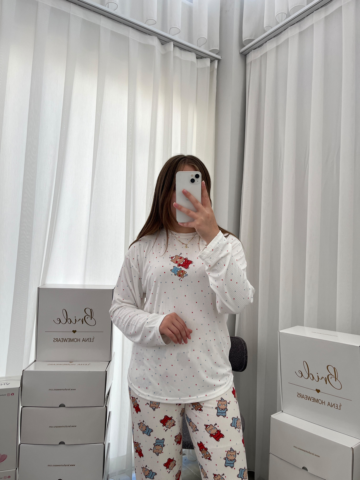 Ekru Uykucu Ayıcık Desenli Berlin Pijama Takımı