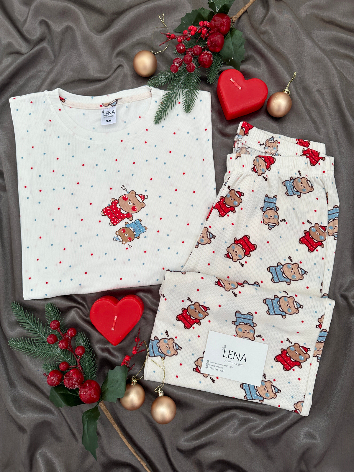 Ekru Uykucu Ayıcık Desenli Berlin Pijama Takımı