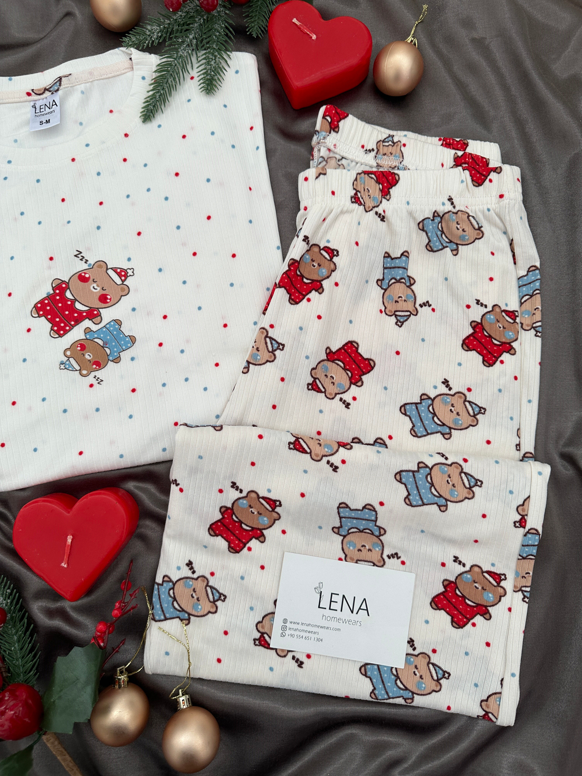 Ekru Uykucu Ayıcık Desenli Berlin Pijama Takımı