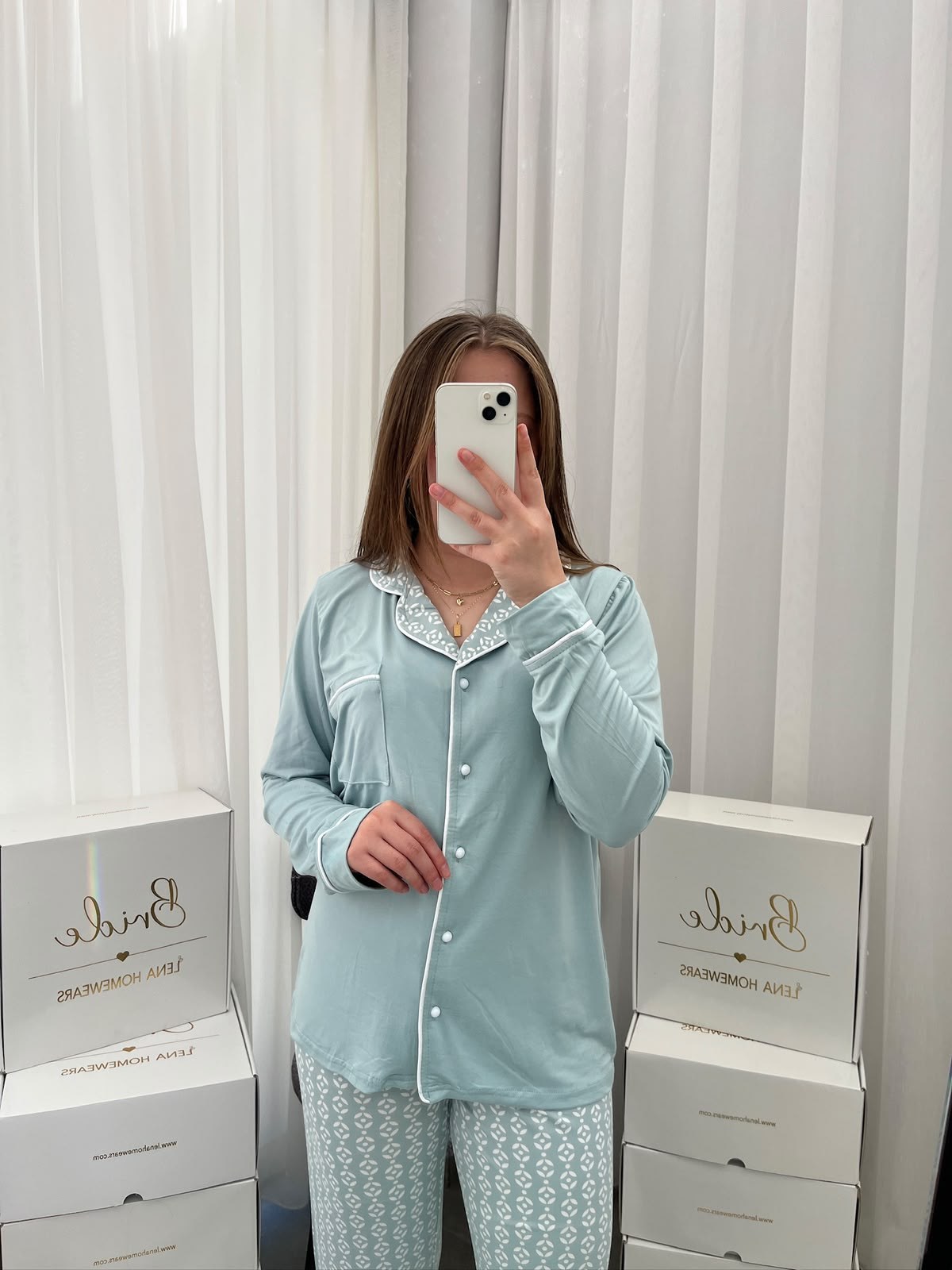 Ekru Yaprak Desenli Mint Milan Uzun Kollu 4'lü Pijama Takımı