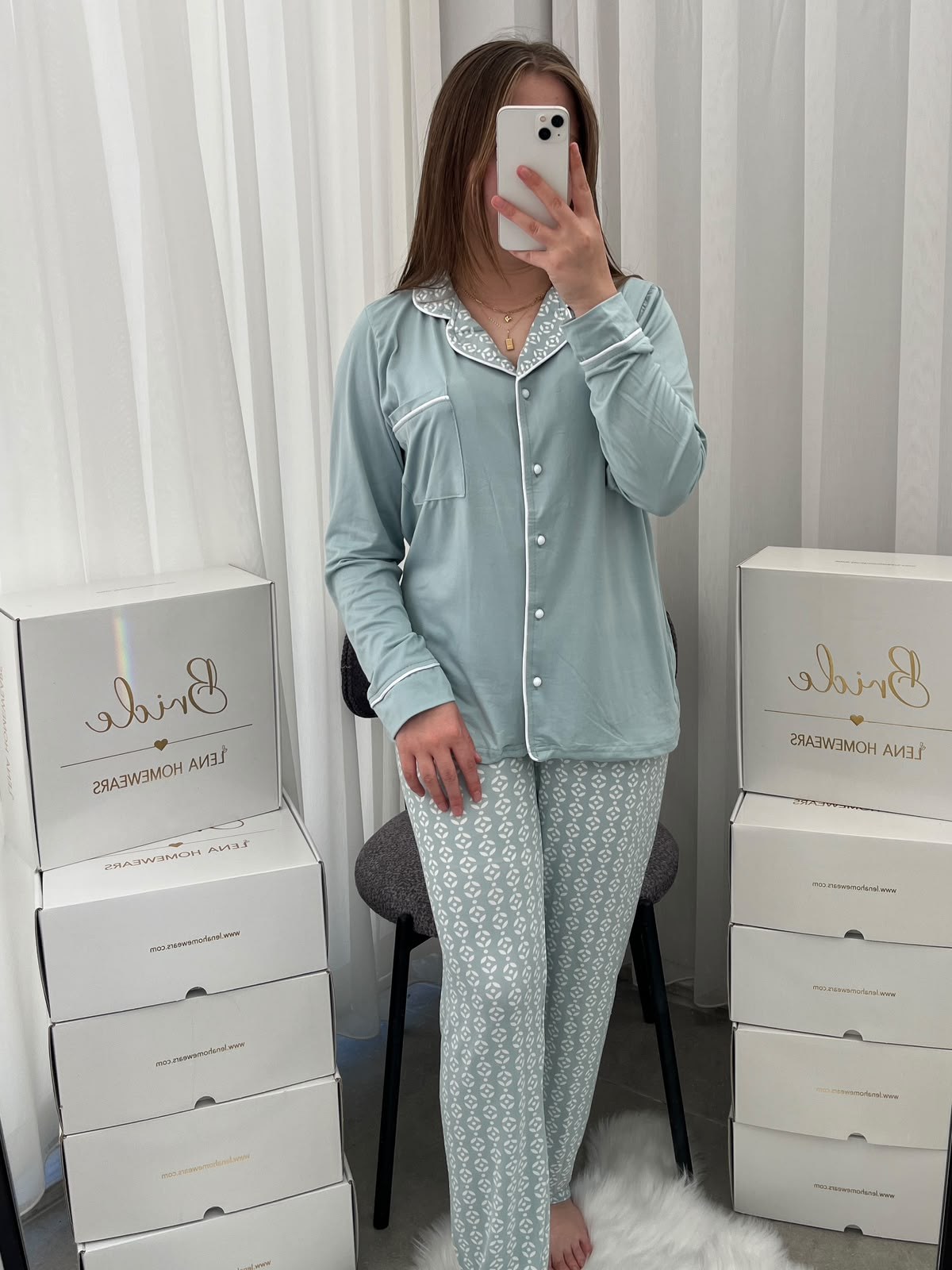 Ekru Yaprak Desenli Mint Milan Uzun Kollu Pijama Takımı