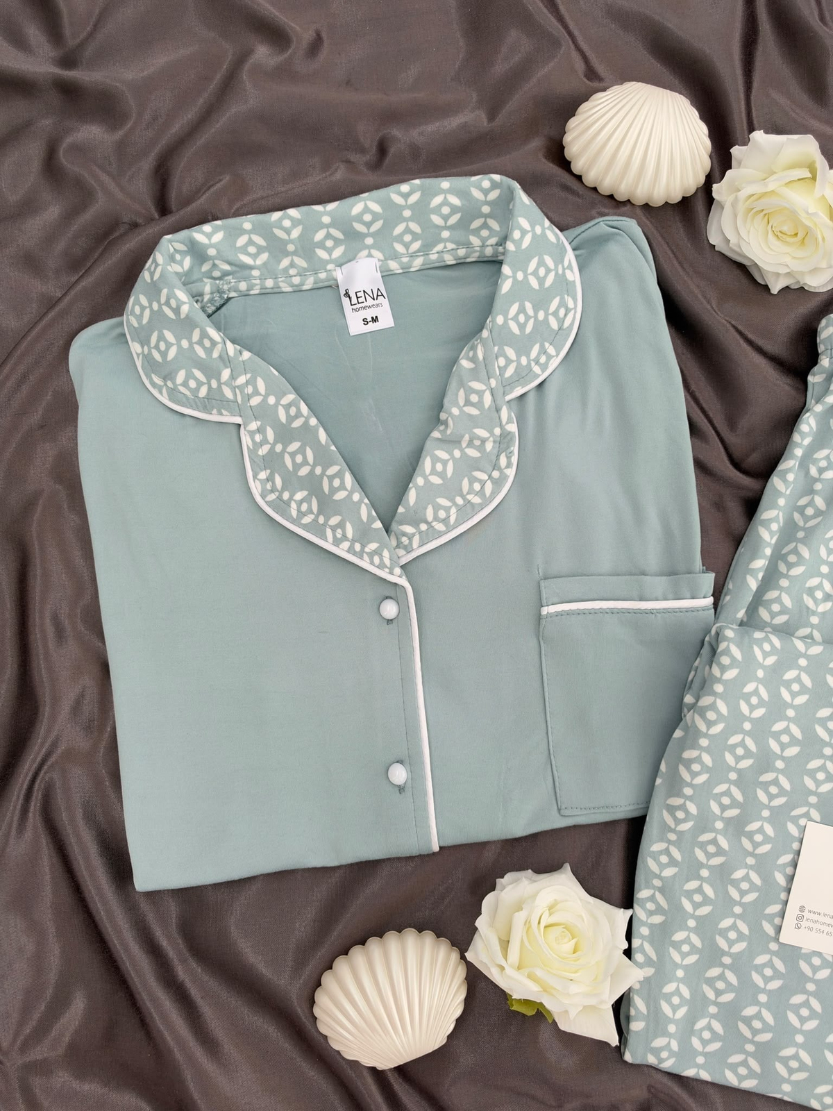 Ekru Yaprak Desenli Mint Milan Uzun Kollu Pijama Takımı
