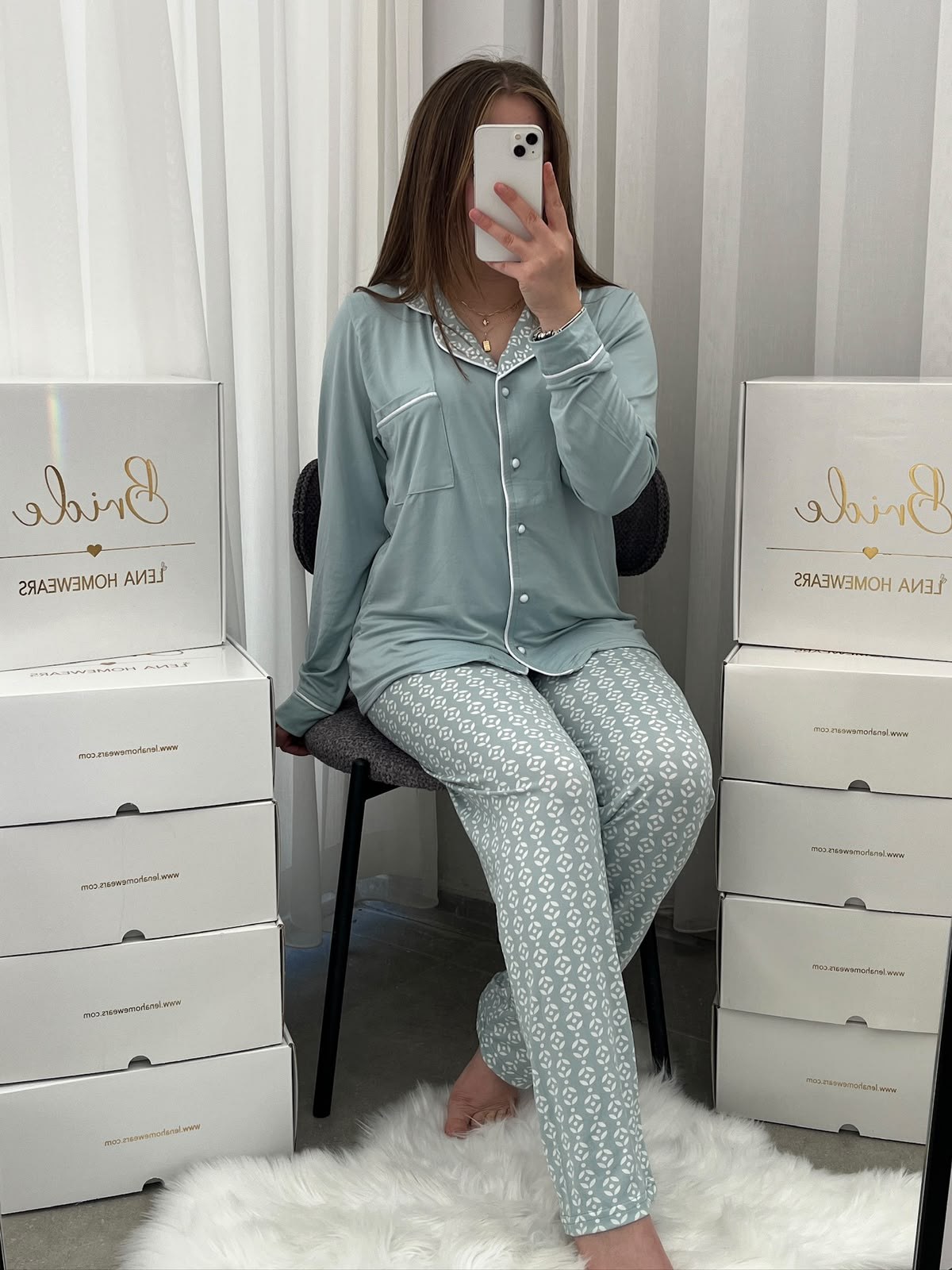 Ekru Yaprak Desenli Mint Milan Uzun Kollu 4'lü Pijama Takımı