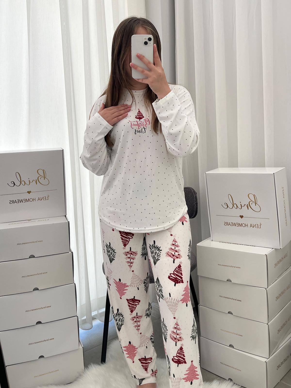 Ekru Yılbaşı Ağacı Desenli 4'lü Berlin Pijama Takımı