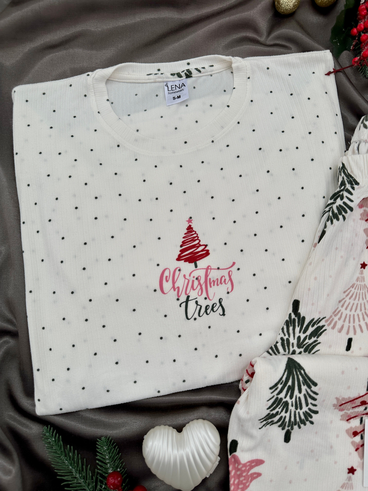 Ekru Yılbaşı Ağacı Desenli Berlin Pijama Takımı