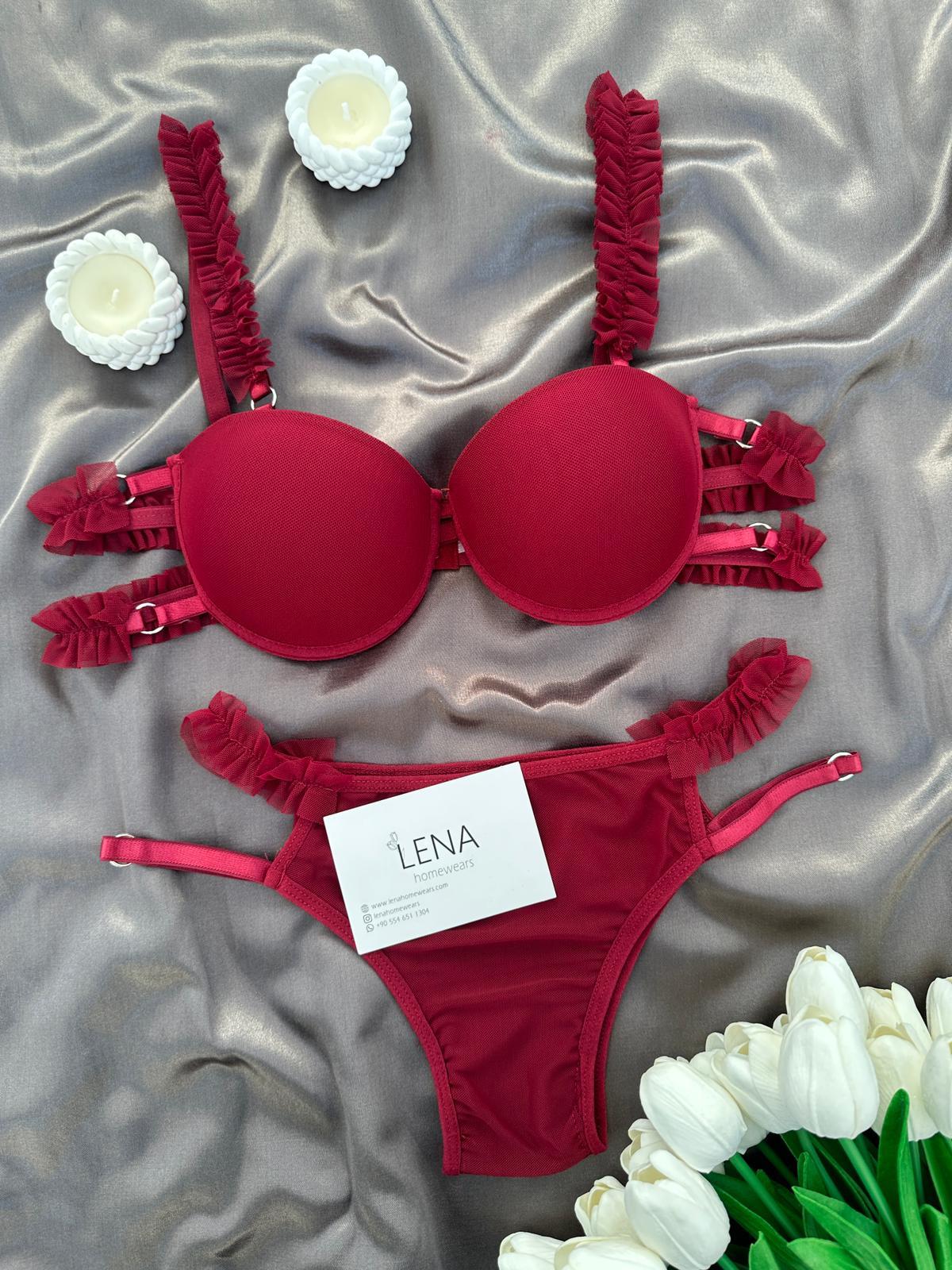 Fırfırlı Bordo Destekli Sütyen Takımı